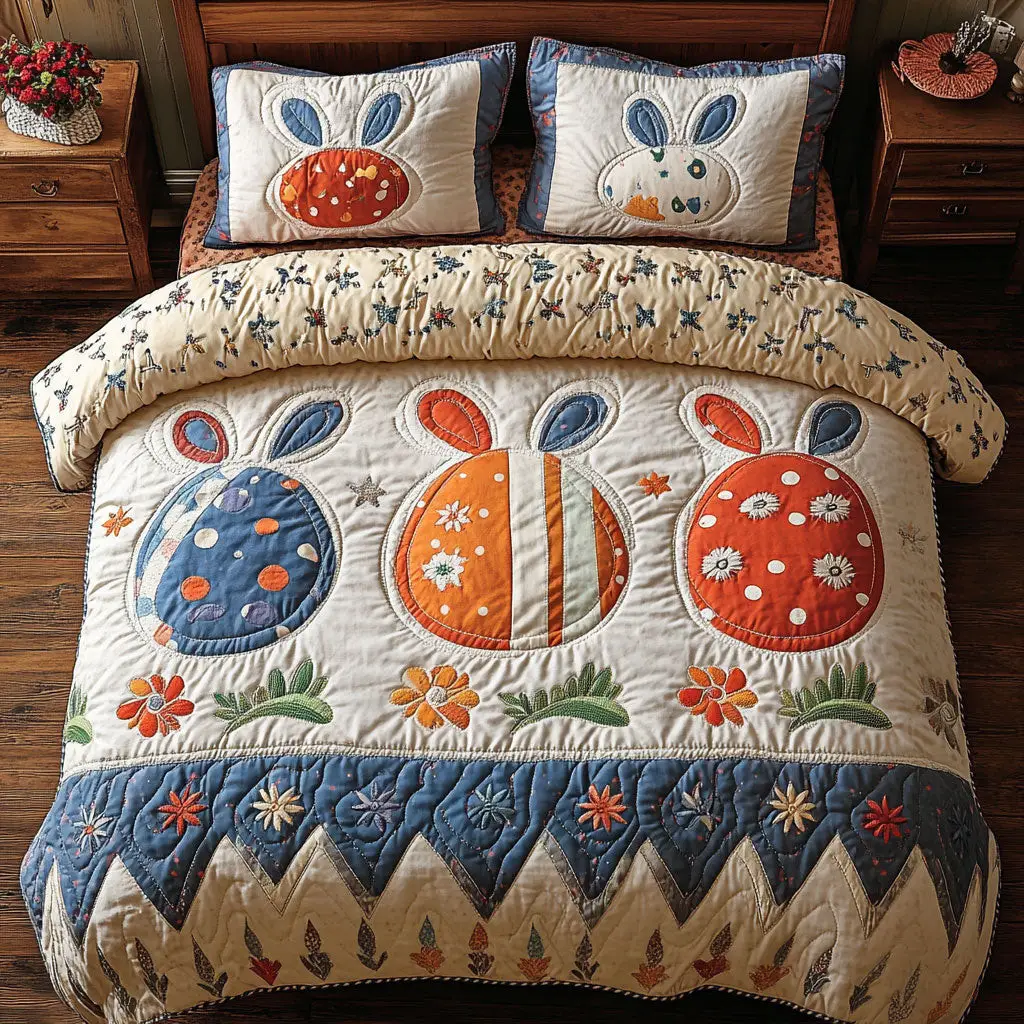 Hoppy Easter Garden Quilted Bedding Set Holiday Bedroom Decorations Gifts For Rabbit Lovers