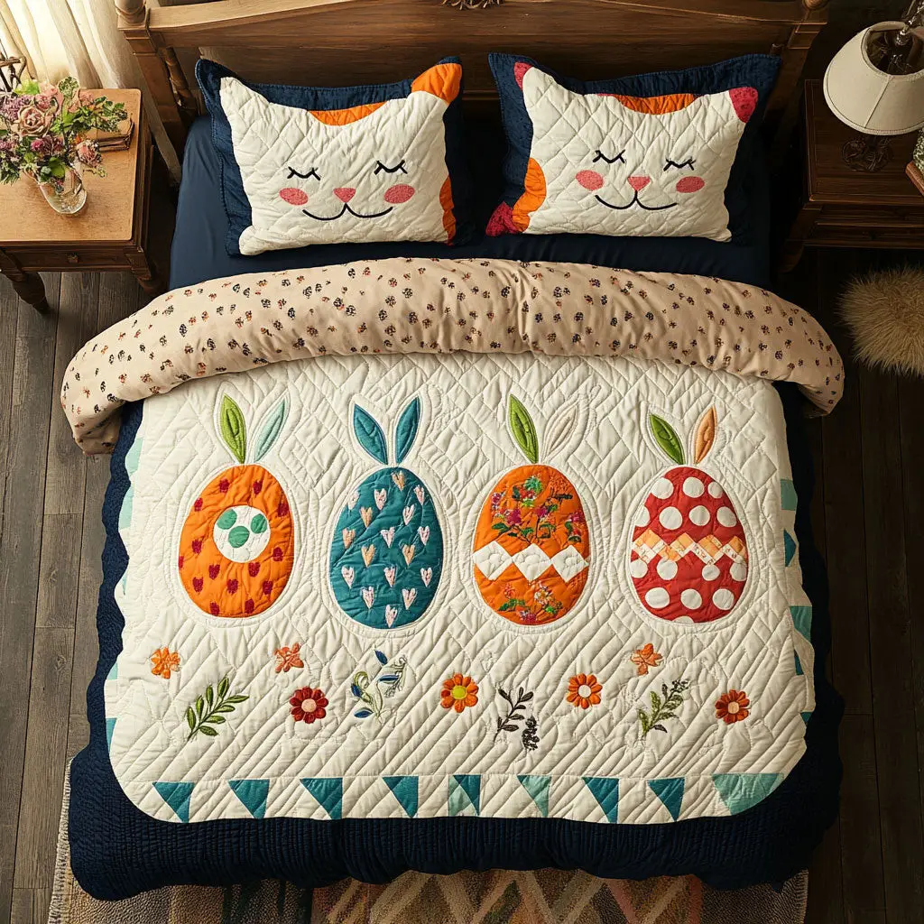 Hoppy Easter Garden Quilted Bedding Set Holiday Bedroom Decorations Presents For Rabbits