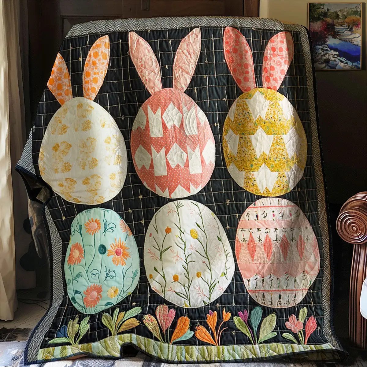 Hoppy Easter Garden Quilted Blanket Holiday Bedroom Decoration Presents For Rabbit Owners