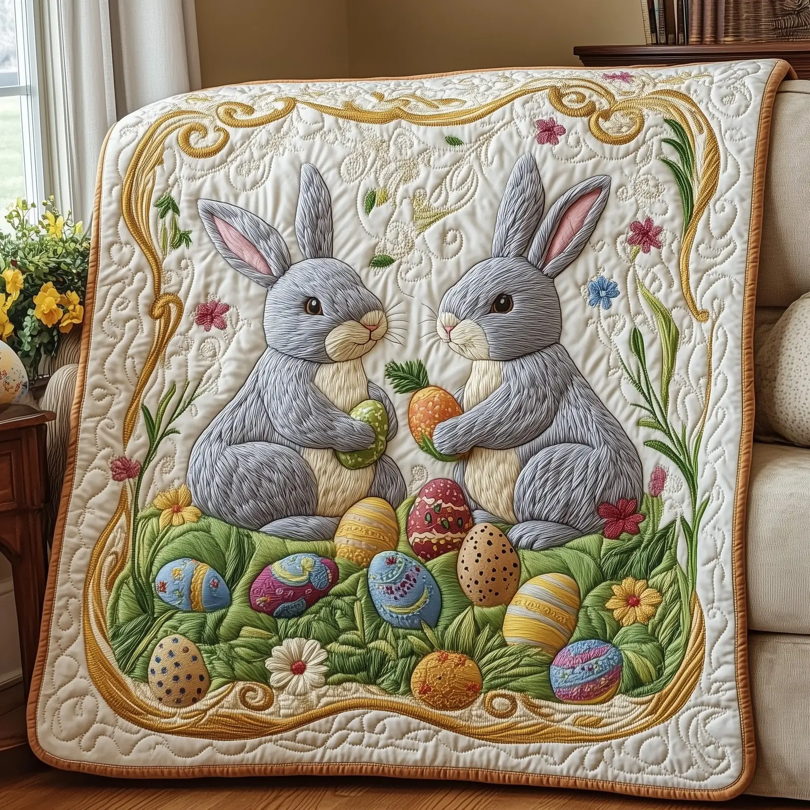 Hoppy Easter Quilted Blanket Autumn Inspired Bedroom Gifts For Rabbit Owners