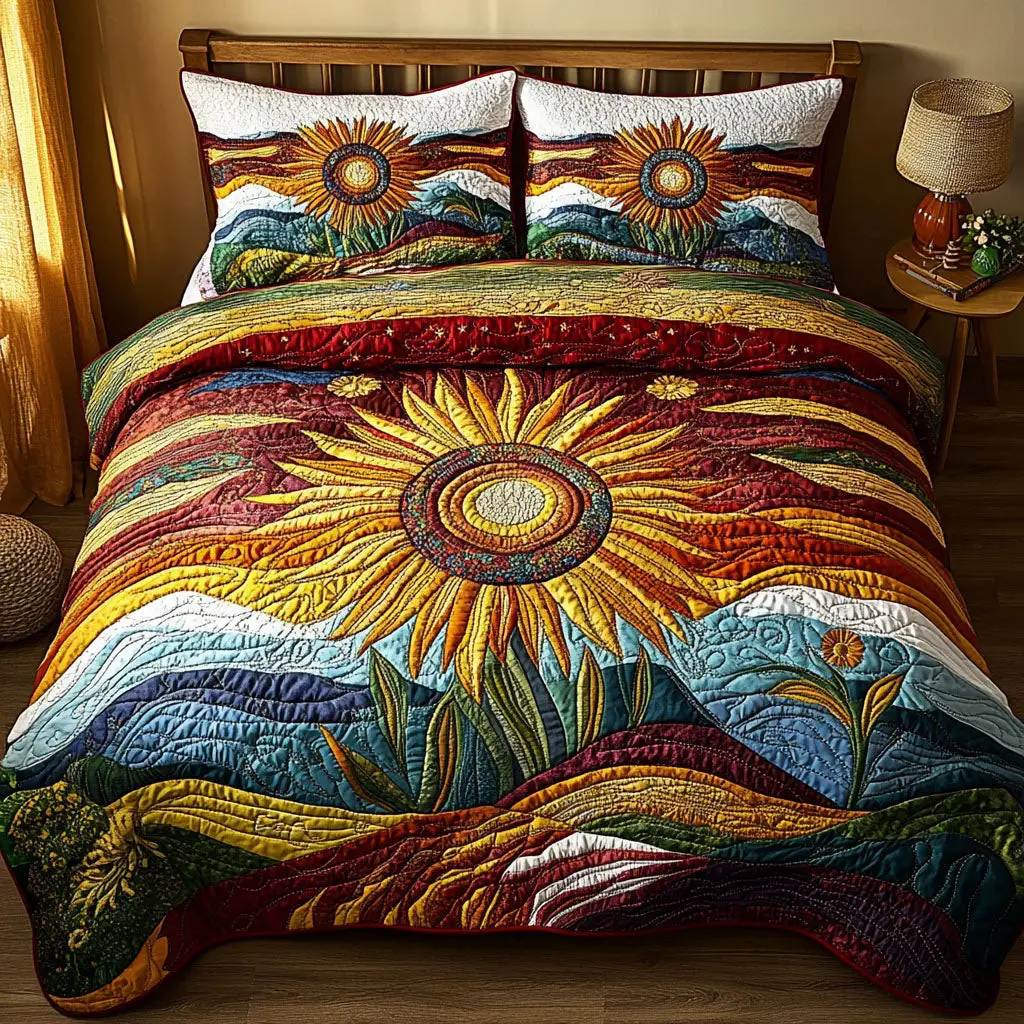 Horizon of Gold Quilted Bedding Set Cozy Bedroom Decor Sunflower Gifts For Grandma