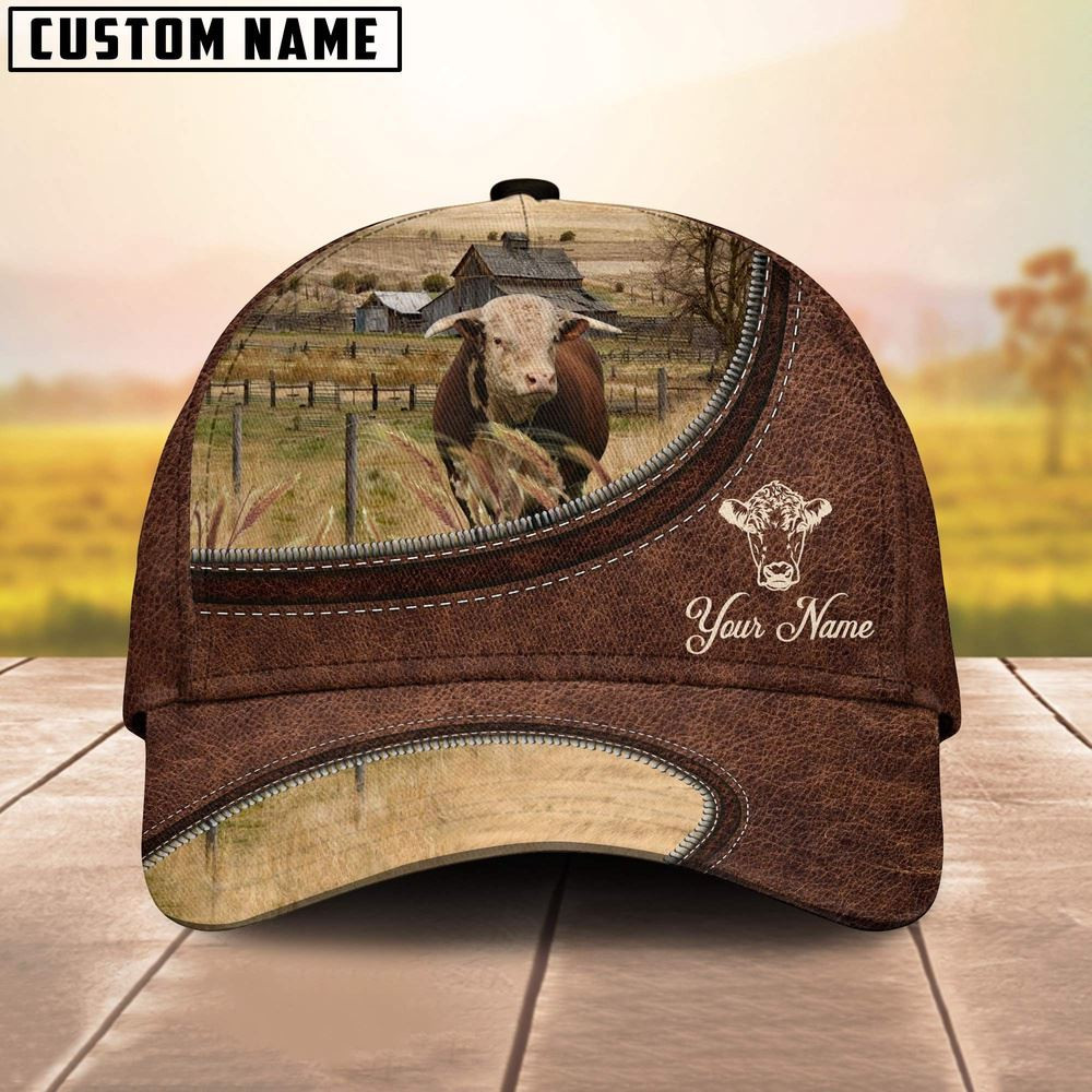 Horn Hereford On The Farm Customized Name Leather Pattern Cap Farm Cap Farmer Baseball Cap Gift For Farmer Horn Hereford On The Farm Customized Name Leather Pattern Cap Farm Cap Farmer Baseball Cap Gift For Farmer - Image 1