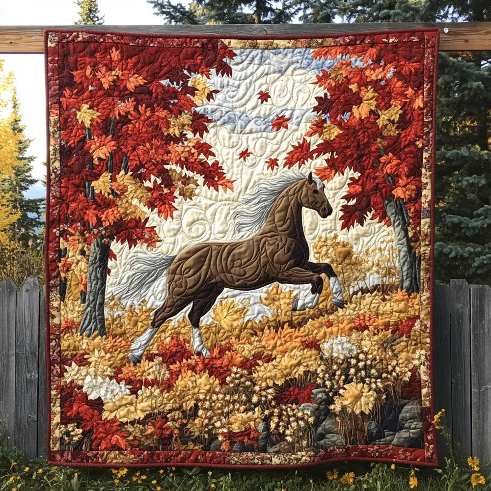 Horse Autumn Gallop Quilted Blanket Wild Mustang Fall Leaves Art Throw Best Gift For Horse Lovers Horse Autumn Gallop Quilted Blanket Wild Mustang Fall Leaves Art Throw Best Gift For Horse Lovers - Image 1