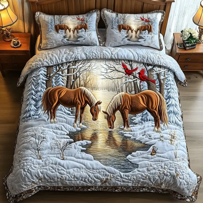 Horse Couple Winter Quilted Bedding Set Holiday Horse Bedroom Decor Gift For Horse Lovers Horse Couple Winter Quilted Bedding Set Holiday Horse Bedroom Decor Gift For Horse Lovers - Image 1