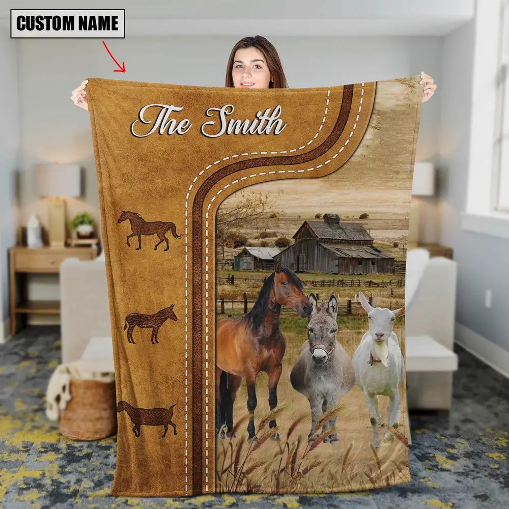 Horse Donkey Goat No Horns Blanket Custom Name Farm Animal Blanket Gift For Whole Family