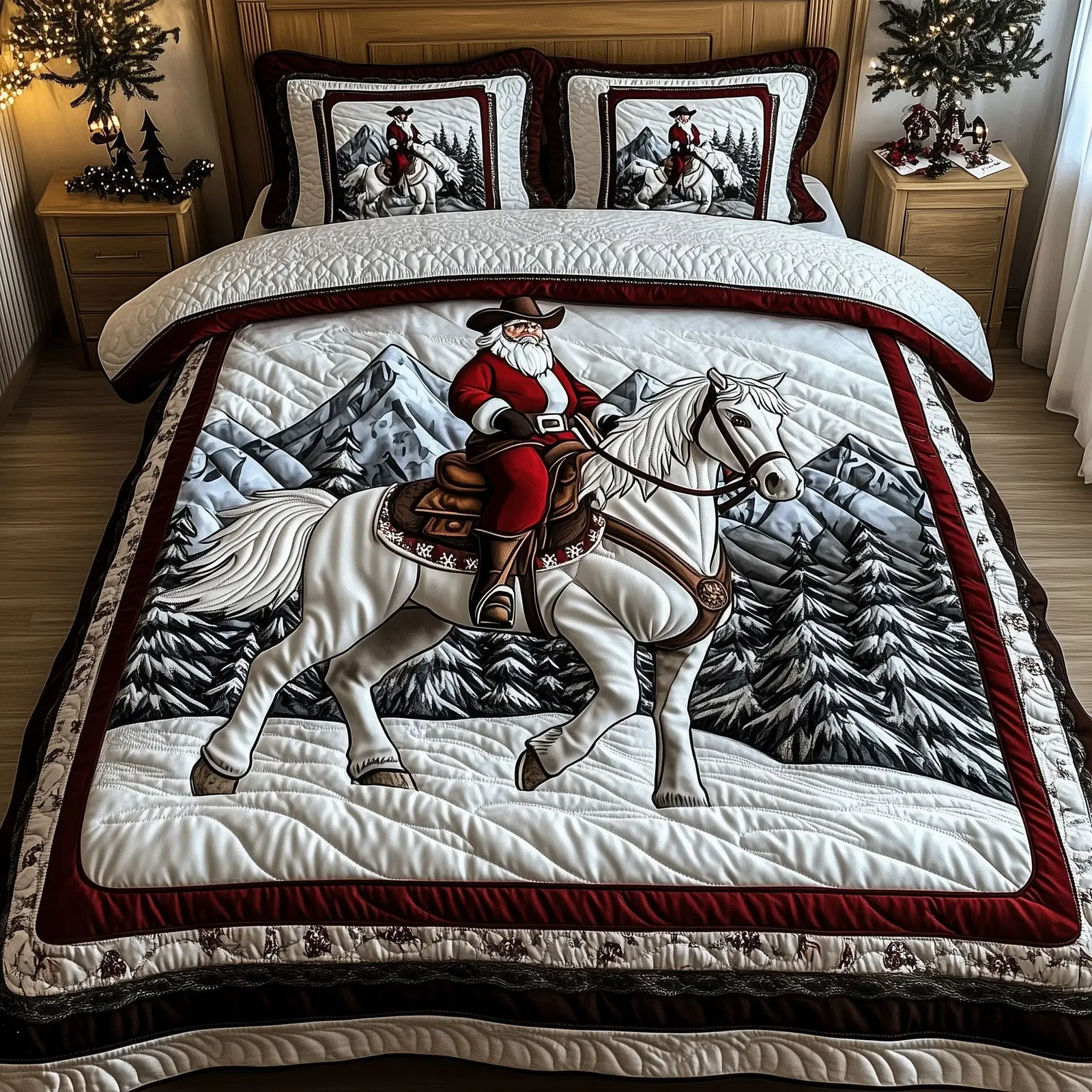 Horse Howdy Santa Charm Christmas Quilted Bedding Set Duvet Cover Bedspread Xmas Presents For Cowboy