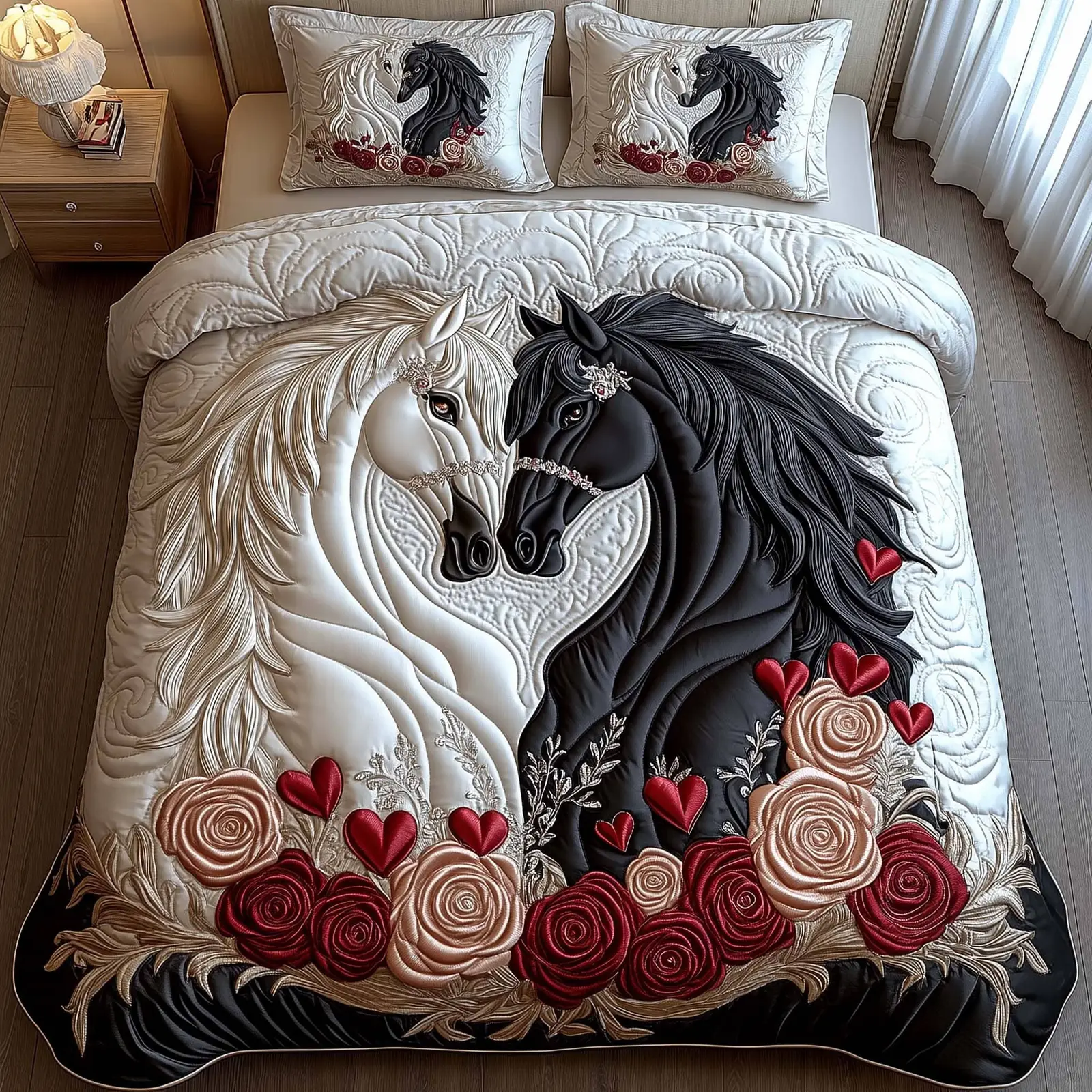 Horse Lovebound Hearts Quilted Bedding Set Valentine Day Presents For Horse Lovers