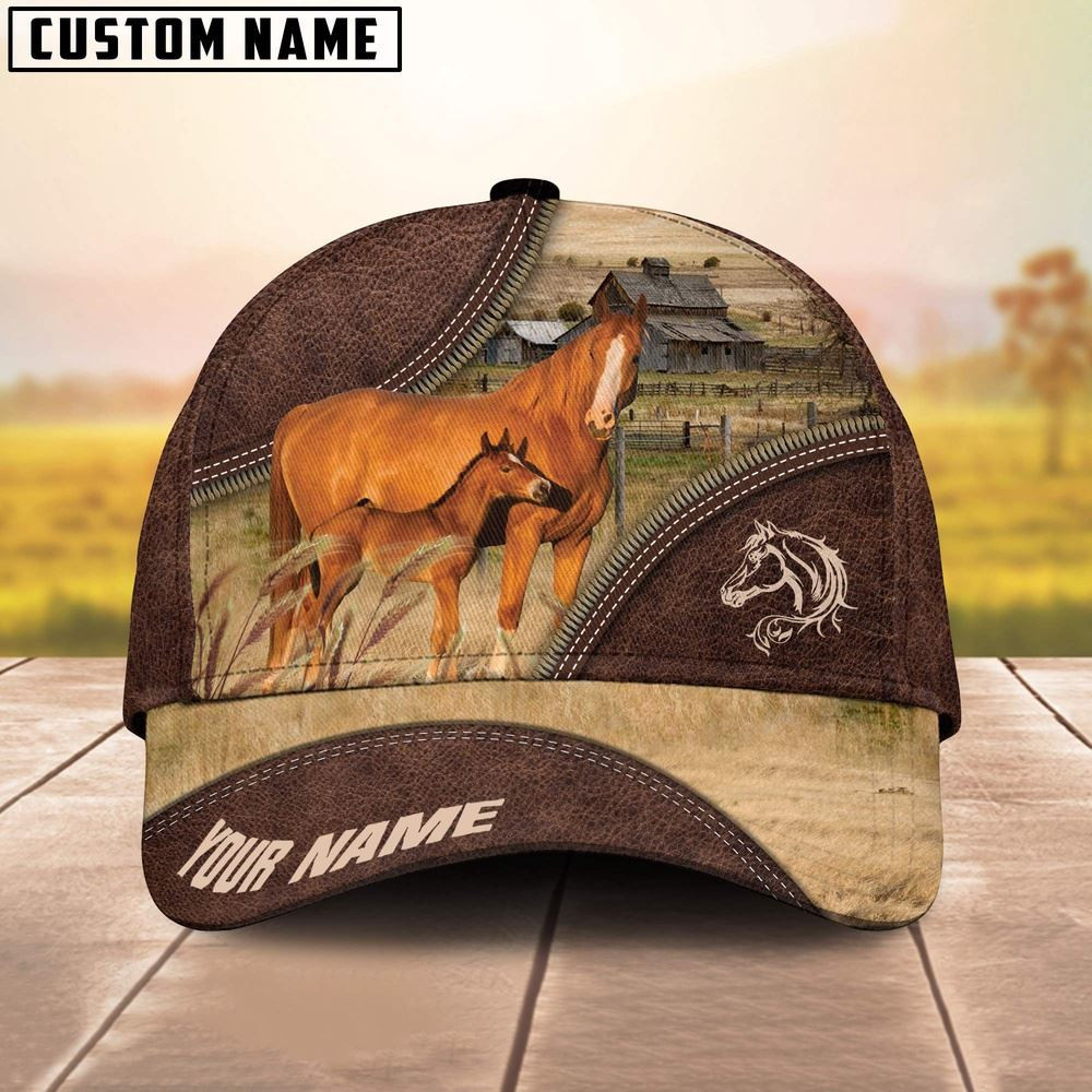 Horse On The Farm Customized Name 3D Brown Cap Farm Cap Farmer Baseball Cap Gift For Farmer