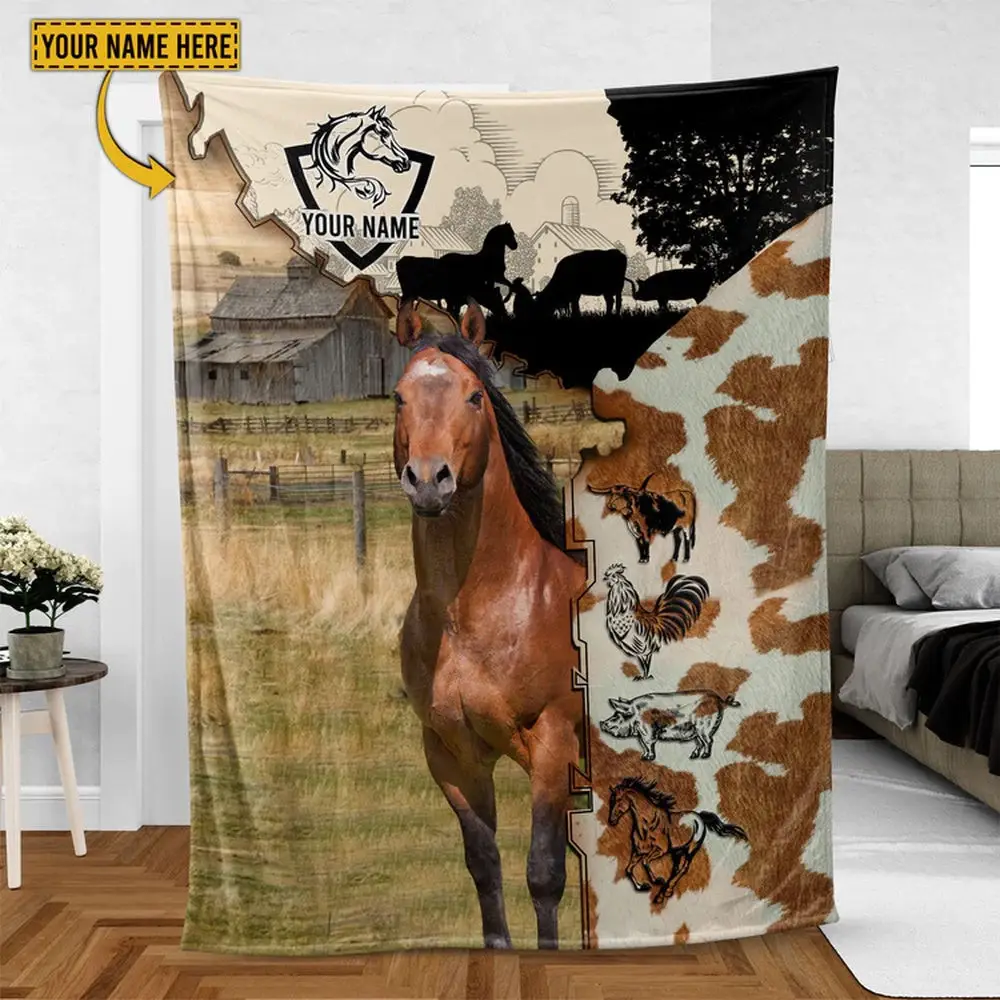 Horse Personalized Name Feather Pattern Blanket Farm Animal Blanket Gift For Whole Family
