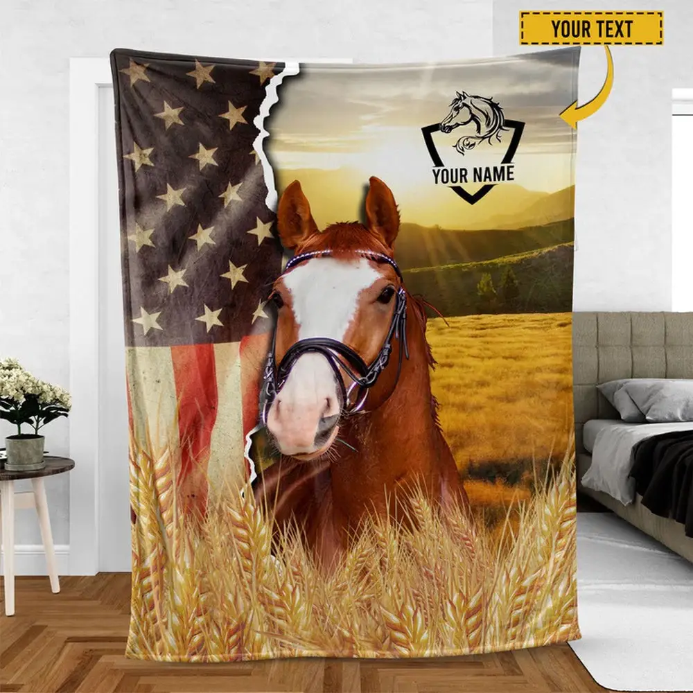 Horse Personalized Name U.S Flag Blanket Farm Animal Blanket Gift For Whole Family