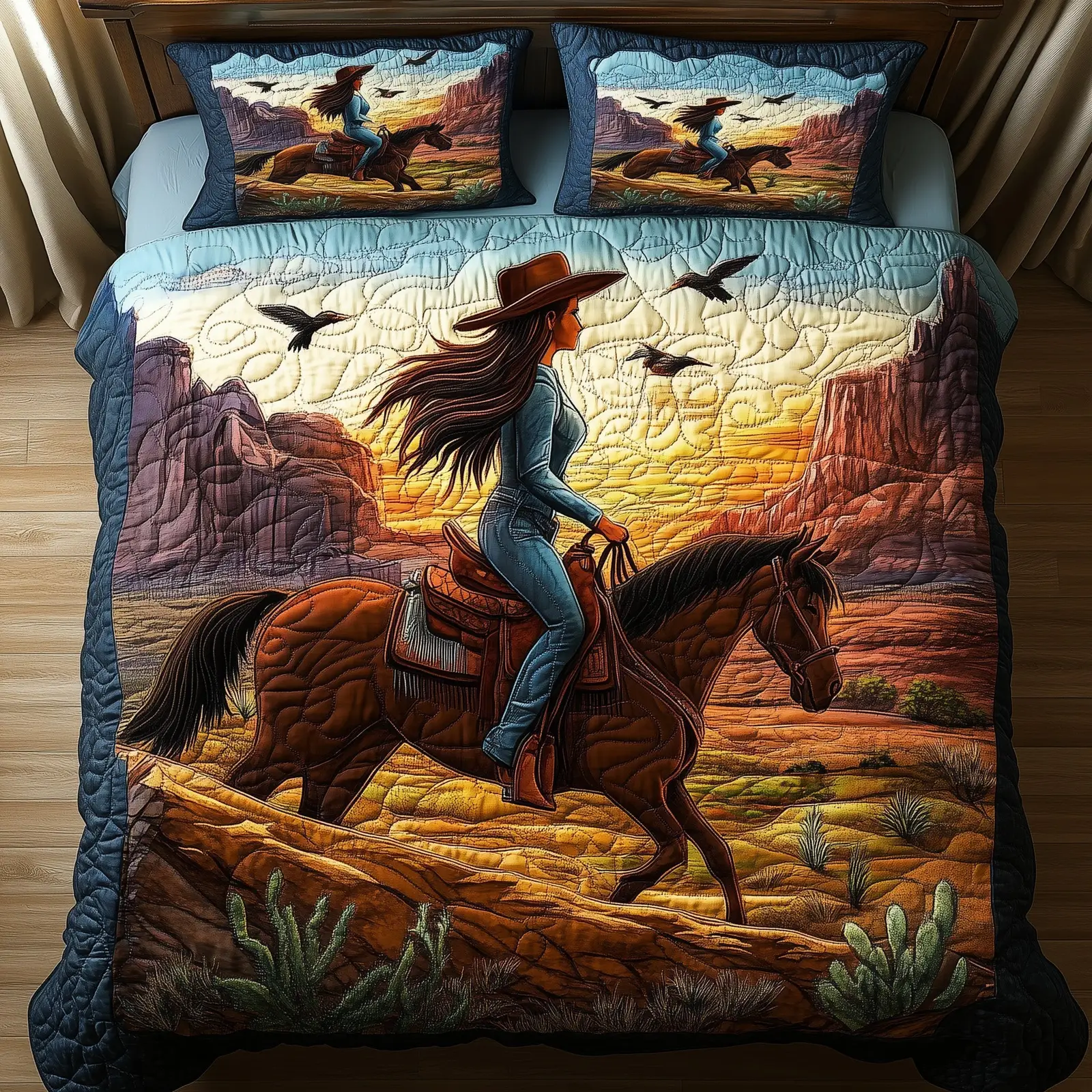 Horse Sunset Wrangler Quilted Bedding Set Duvet Cover Bedspread Unique Horse Gifts For Ladies
