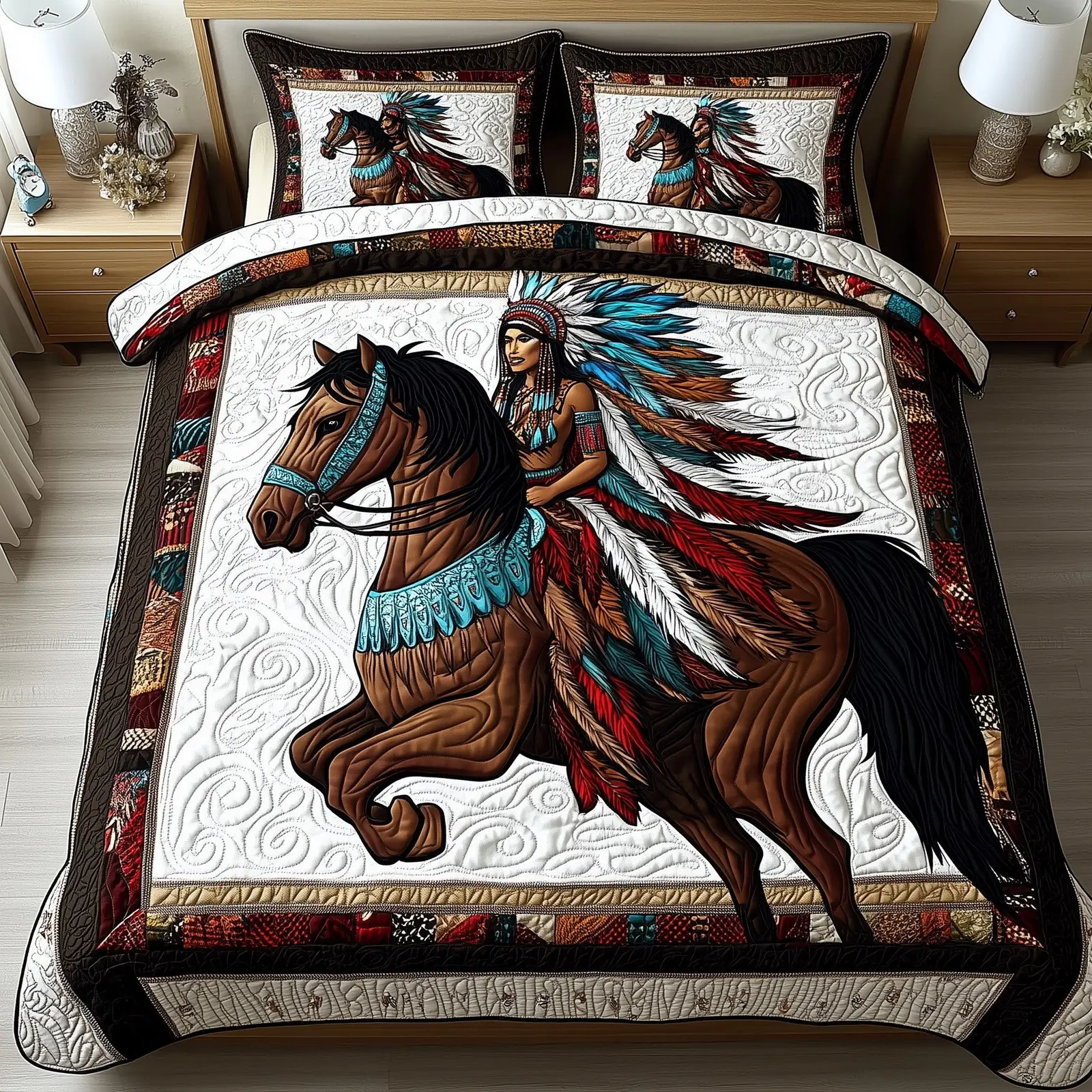Horse Tribal Queen Quilted Bedding Set Duvet Cover Bedspread Native American Gifts Horse Tribal Queen Quilted Bedding Set Duvet Cover Bedspread Native American Gifts - Image 1
