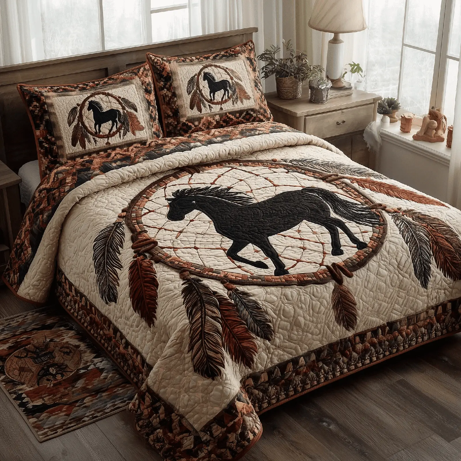 Horse Tribal Quilt Bedding Set Native America Pattern Set Gift for Horses Fan