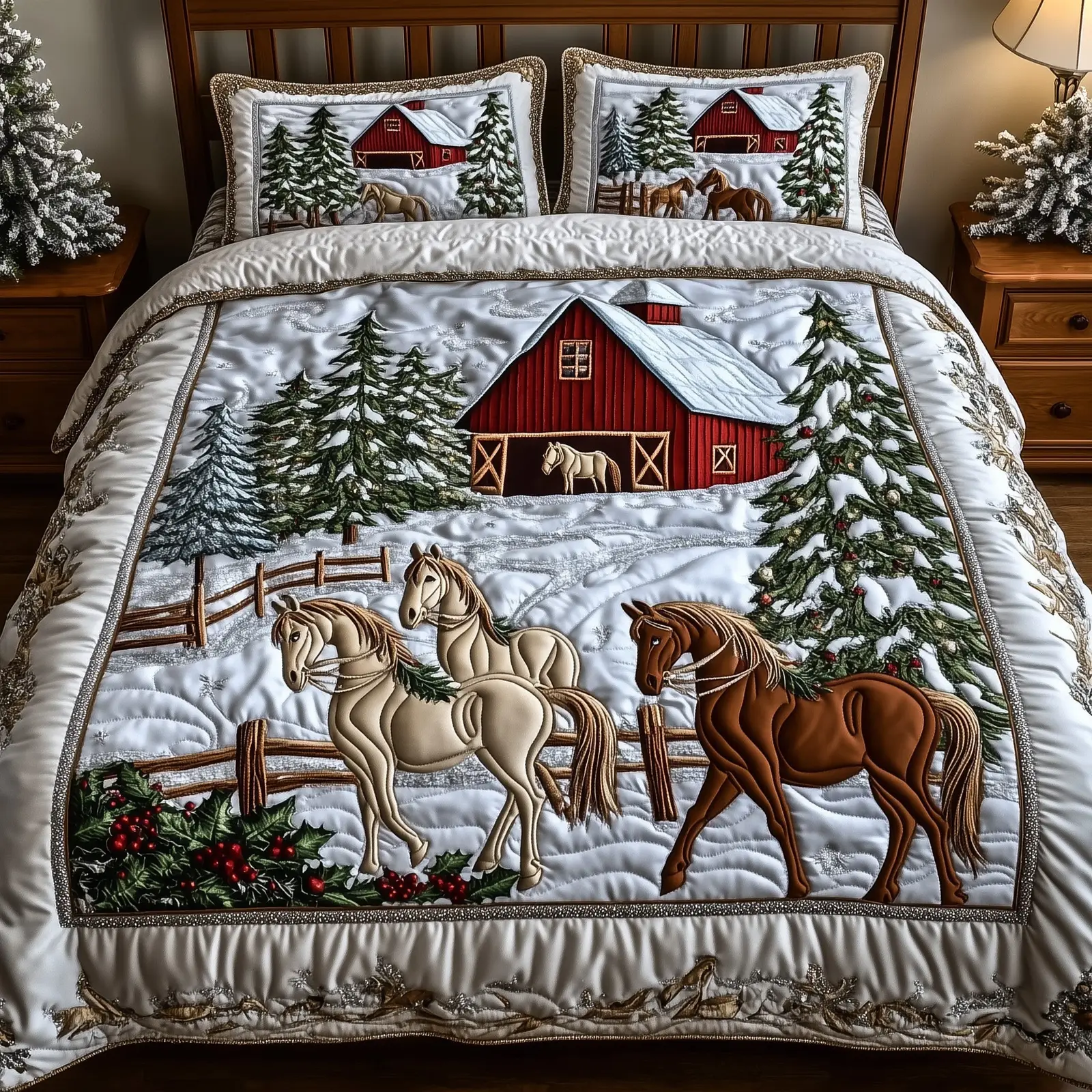Horse Winter Farmhouse Christmas Quilted Bedding Set Duvet Cover Bedspread Horse Theme Xmas Gifts For Wife