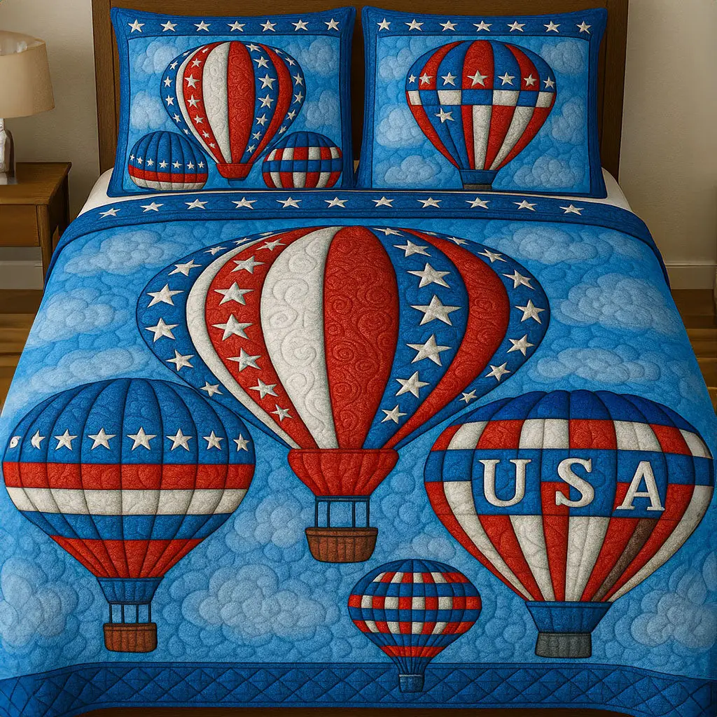 Hot Air Balloons  Quilted Bedding Set  Duvet Covers 4Th Of July Neighbor Gifts