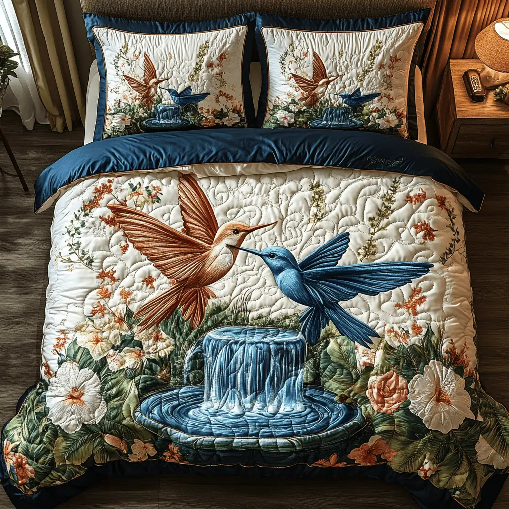 Humming Haven Quilted Bedding Set Aesthetic Room Decor Hummingbird Gifts For Dad