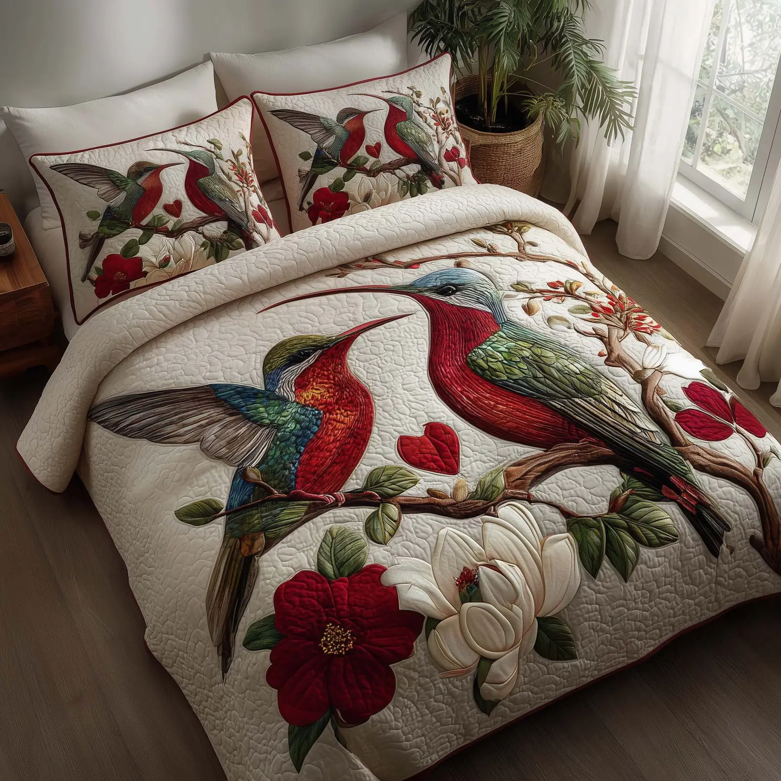 Hummingbird Embrace Quilted Bedding Set Aesthetic Home Decor Gift For Valentine's Day