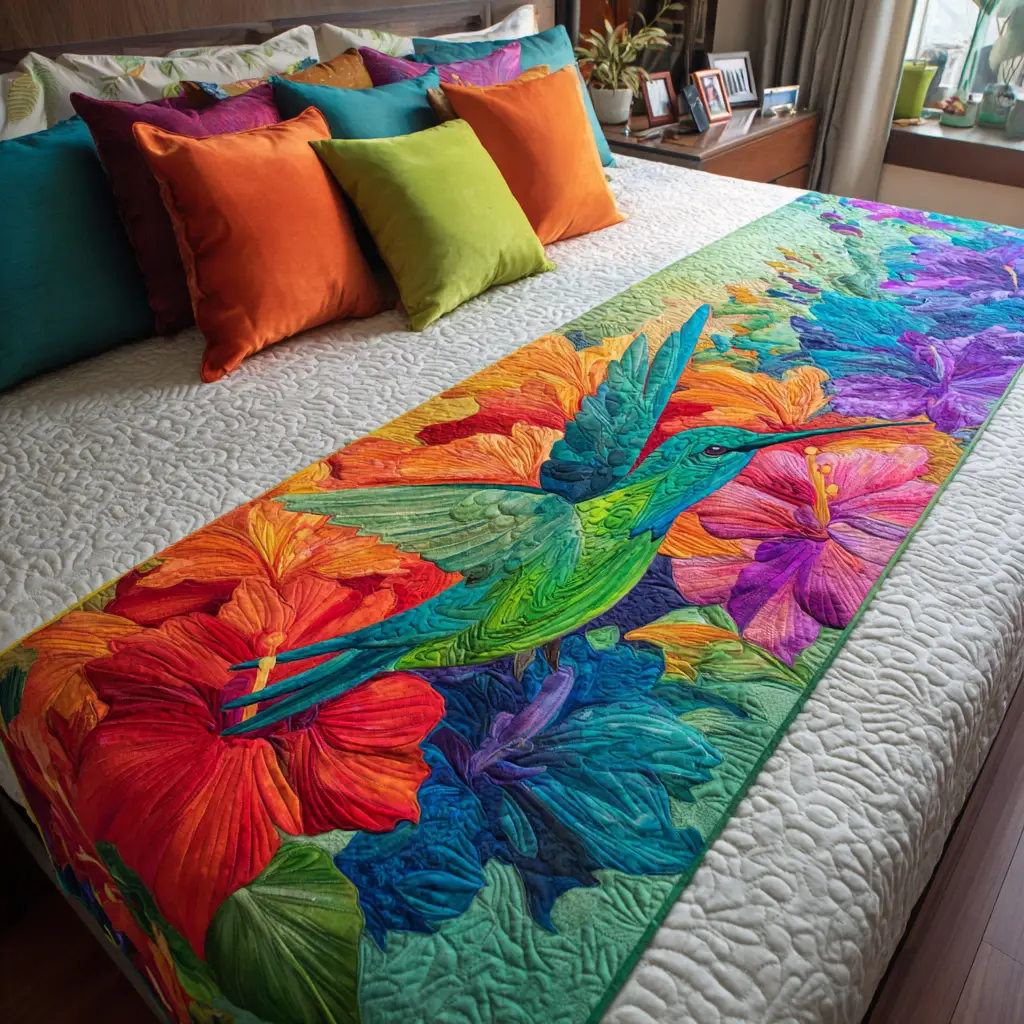 Hummingbird Flight Quilted Bed Runner Hummingbird Flight Bloom Garden Gift