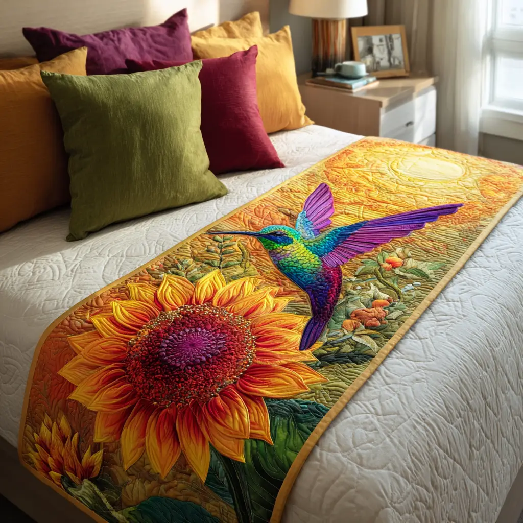 Hummingbird Garden Quilted Bed Runner Hummingbird Garden Nature Gift