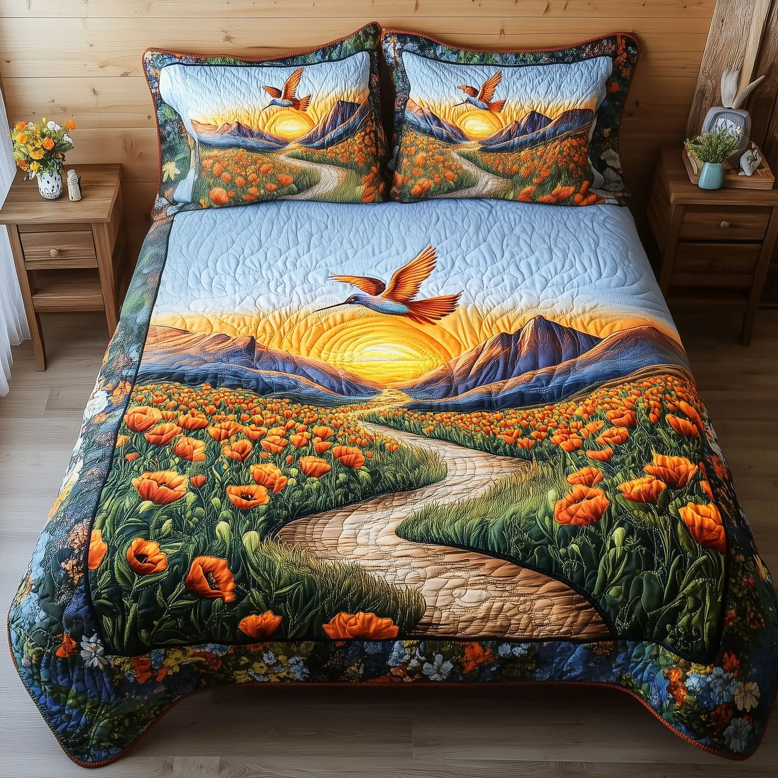 Hummingbird Harmony Quilted Bedding Set Luxury Comforter Gift Set for Him or Her Hummingbird Harmony Quilted Bedding Set Luxury Comforter Gift Set for Him or Her - Image 1