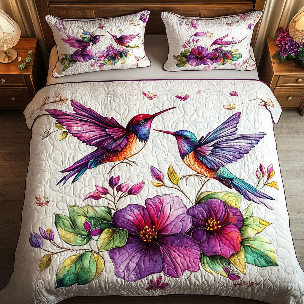 Hummingbird Harmony Quilted Bedding Set Trendy Bedding Merch for Modern Homes