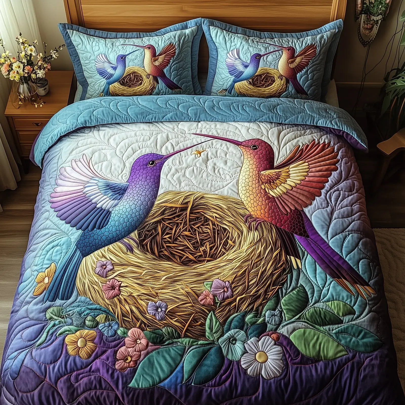 Hummingbird Haven Quilted Bedding Set Floral Bird Bedroom Decor Gift For Bird Lovers
