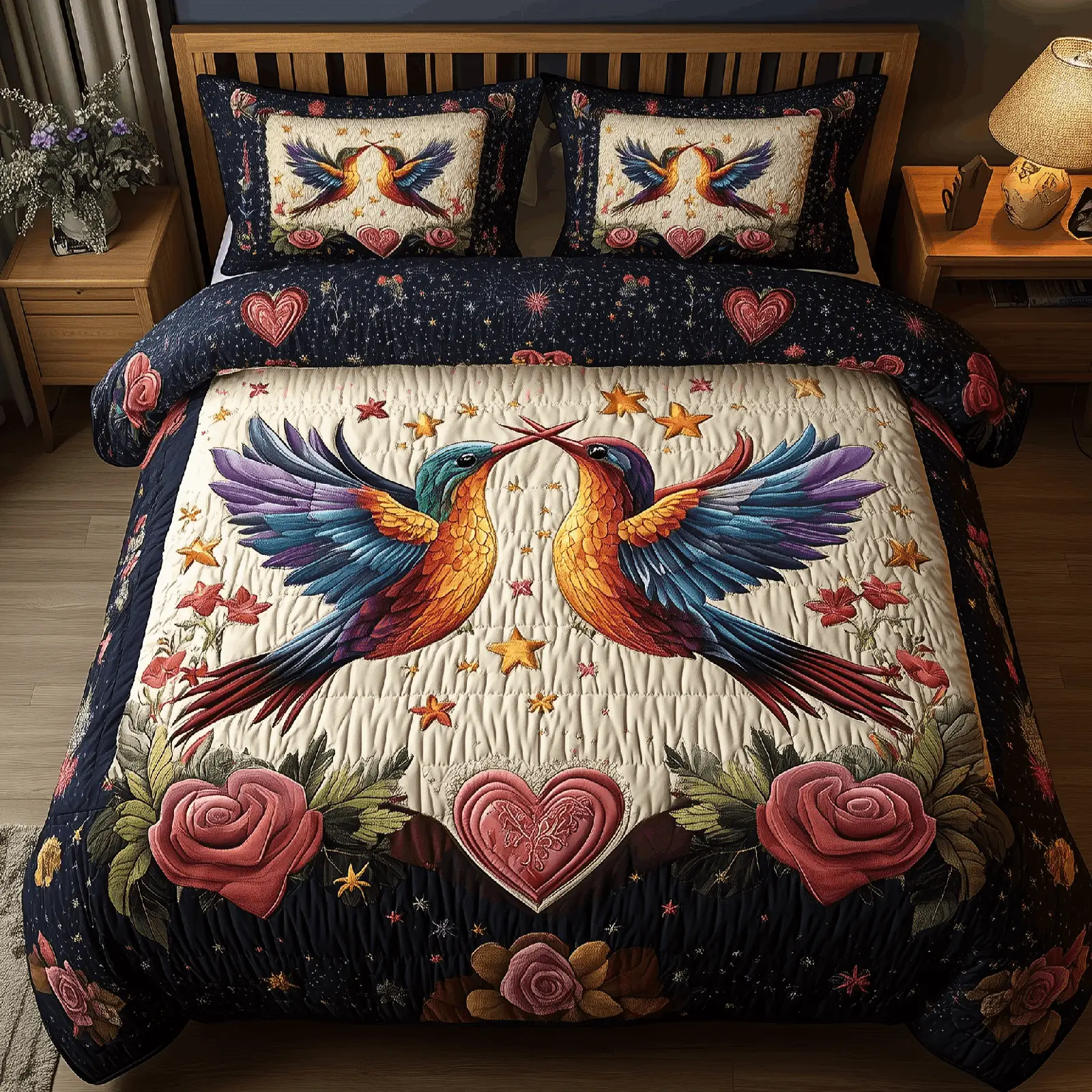 Hummingbird Heartstrings Quilted Bedding Set Modern Home Decor Valentine's Day Gifts Idea