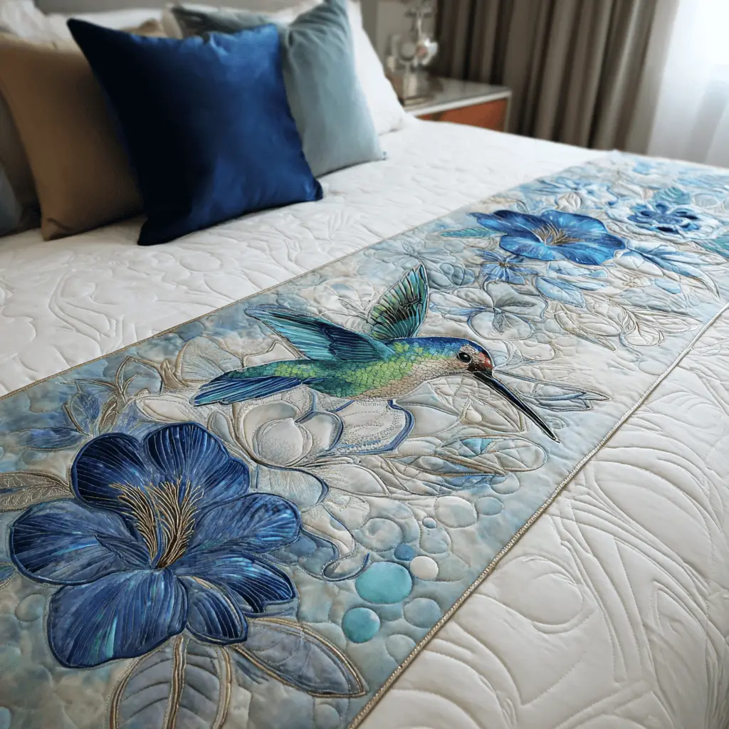 Hummingbird Joy Quilted Bed Runner Hummingbird Bloom Design Spring Gift for Mom