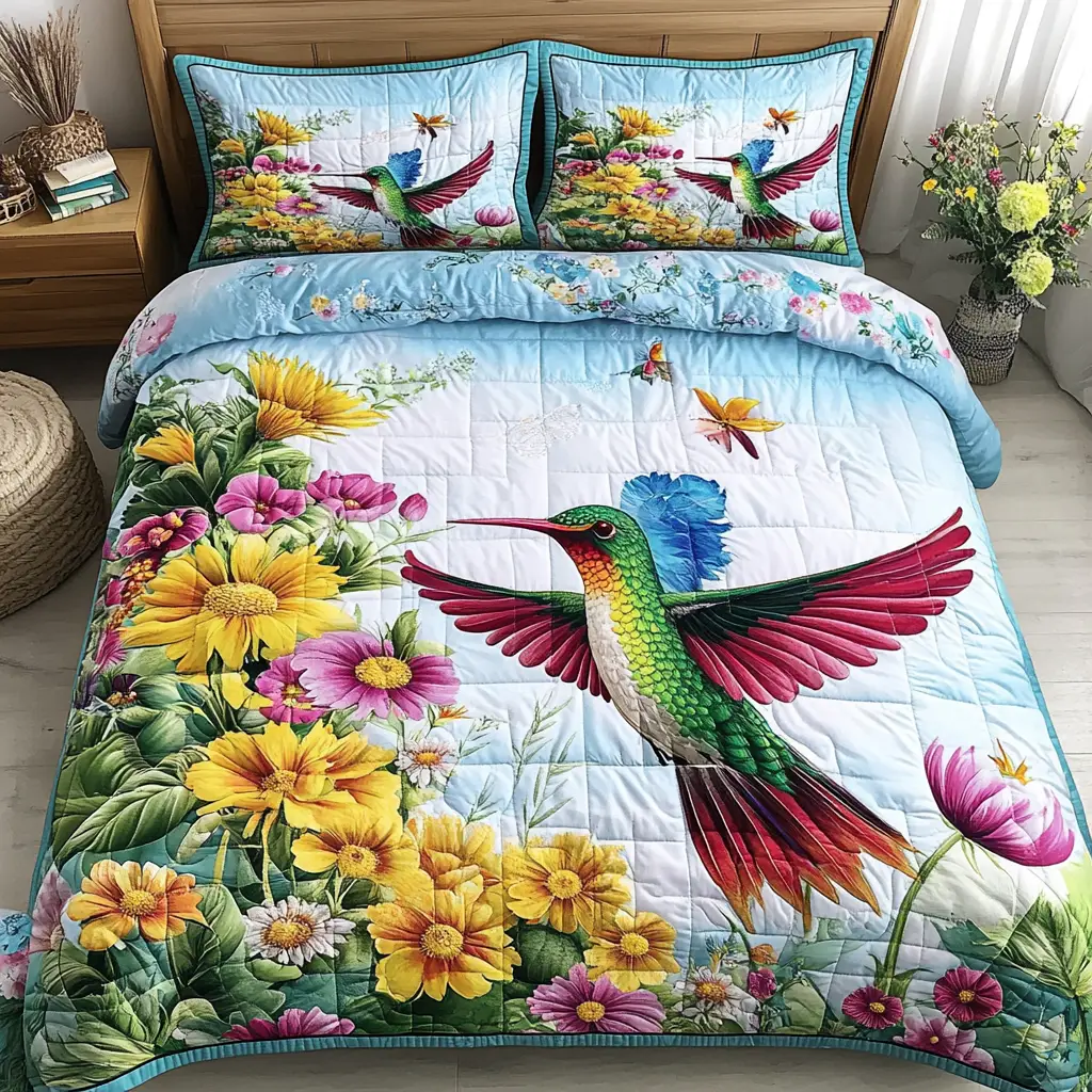 Hummingbird Joy Quilted Bedding Set Luxury Bedding Set with Pillow Covers Included
