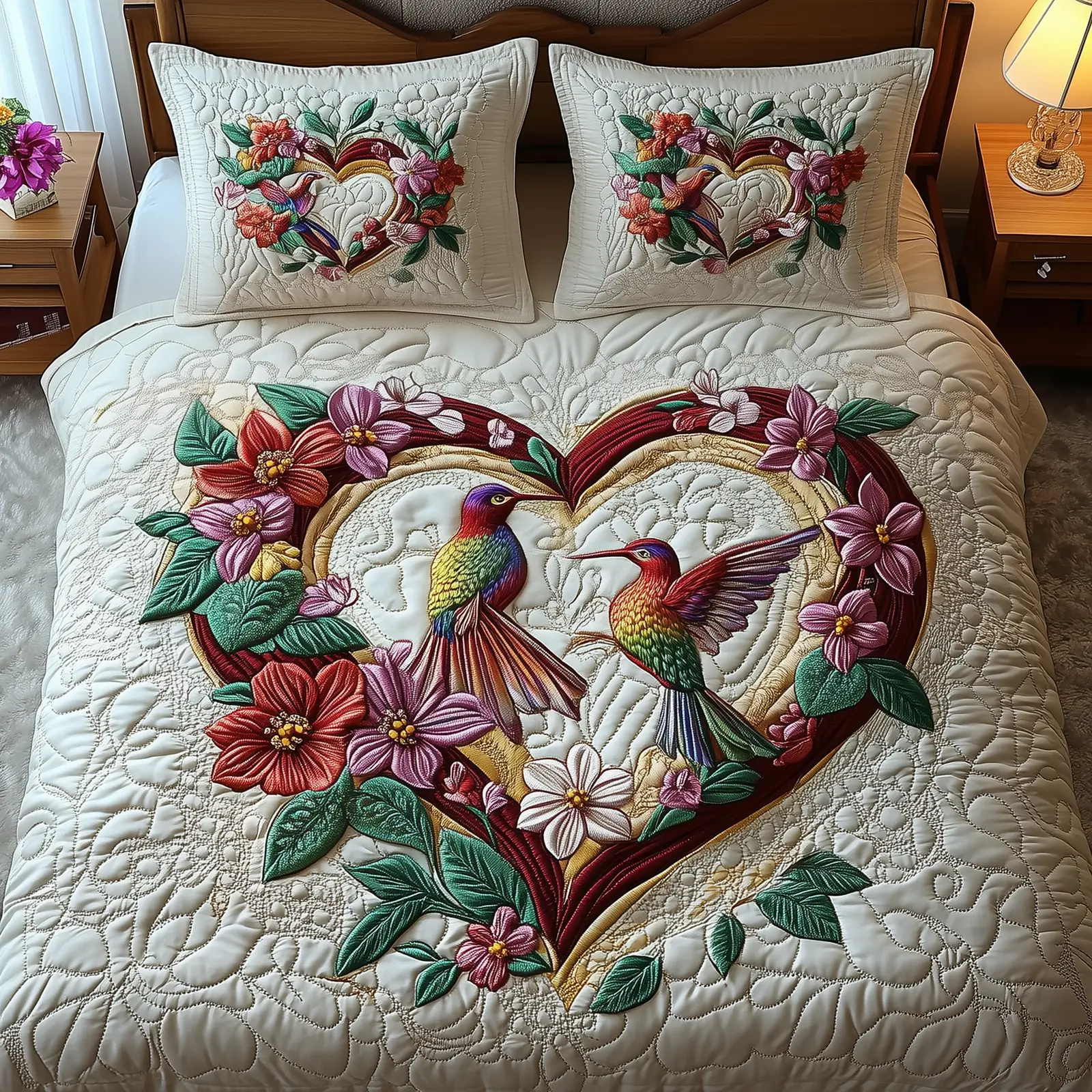 Hummingbird Love Quilted Bedding Set Aesthetic Home Decor Gift For Valentine's Day