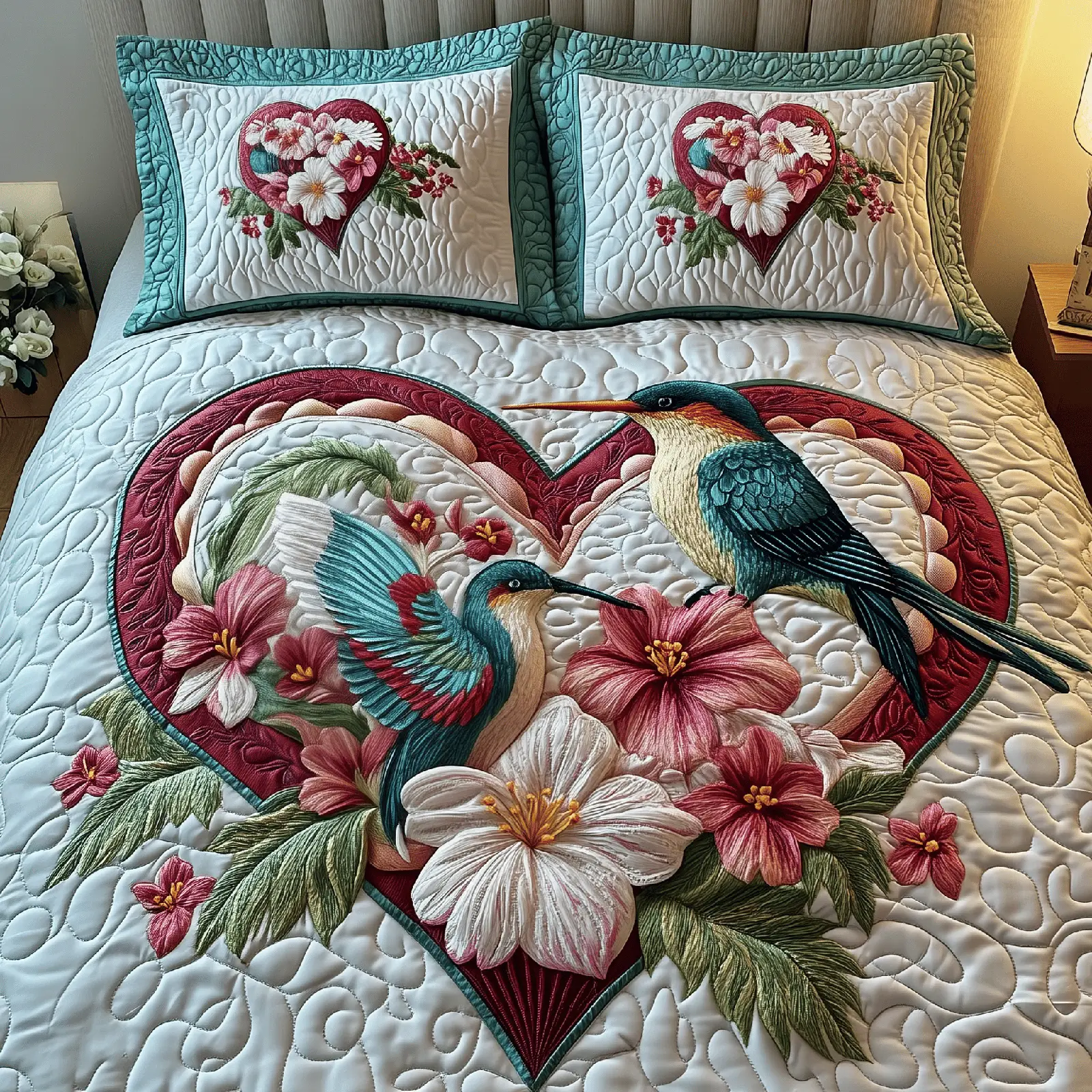 Hummingbird Love Quilted Bedding Set Good Valentine Day Gifts For Ladies