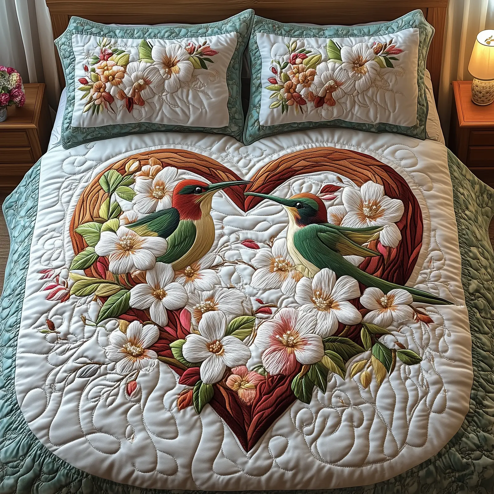Hummingbird Love Quilted Bedding Set Rustic Home Decor First Valentine Gift For Girlfriend