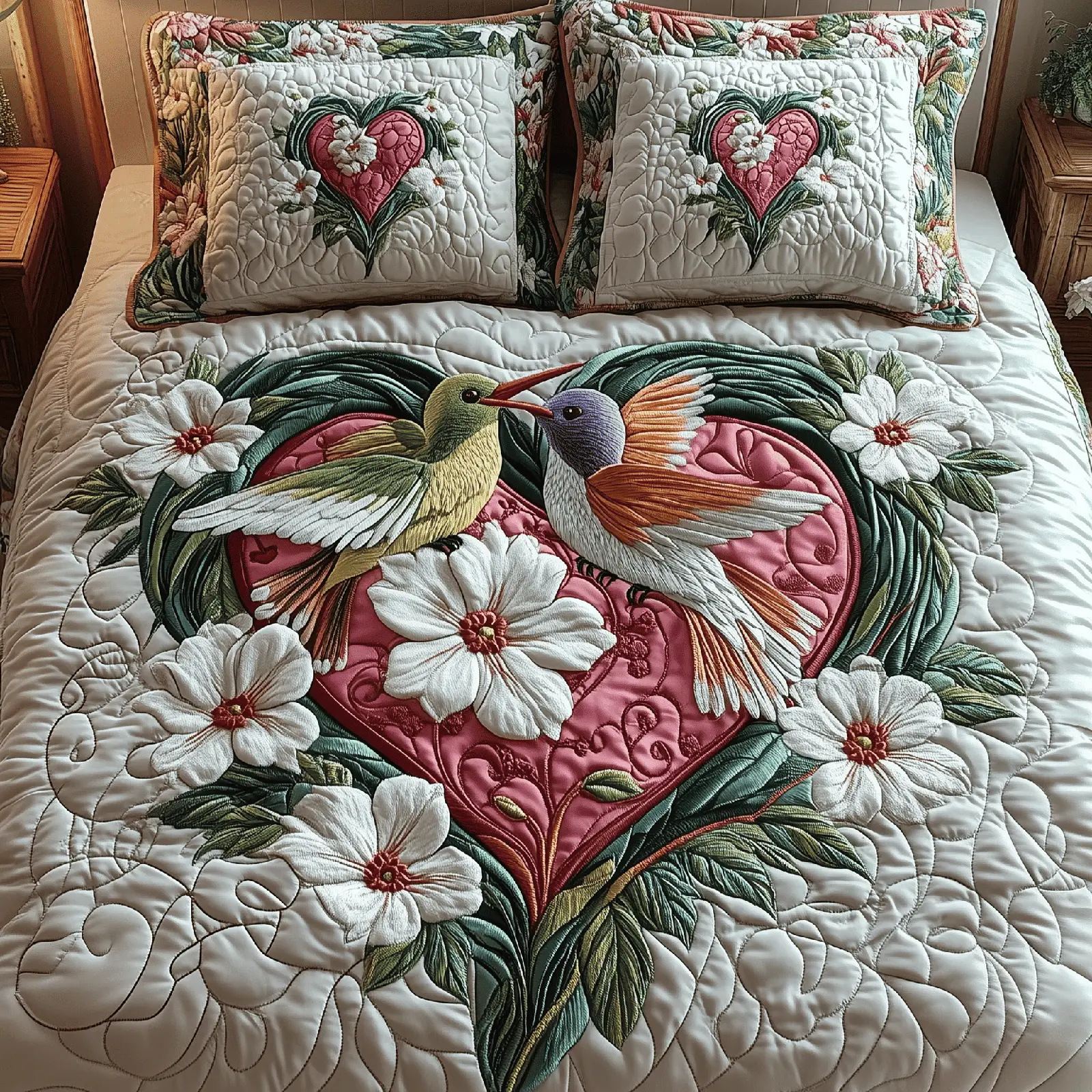 Hummingbird Love Quilted Bedding Set Valentine Presents For Hummingbird Lovers