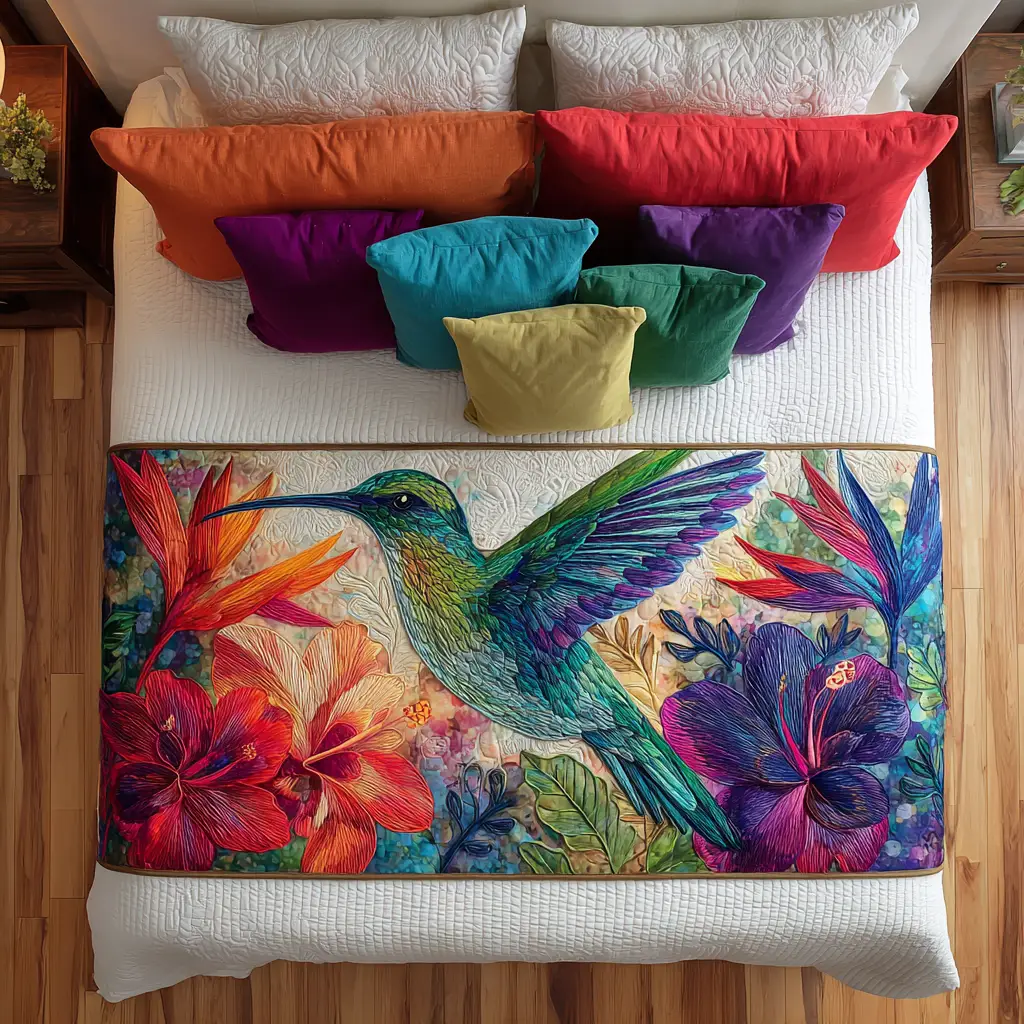 Hummingbird Magic Quilted Bed Runner Hummingbird Garden Design Gift for Grandma