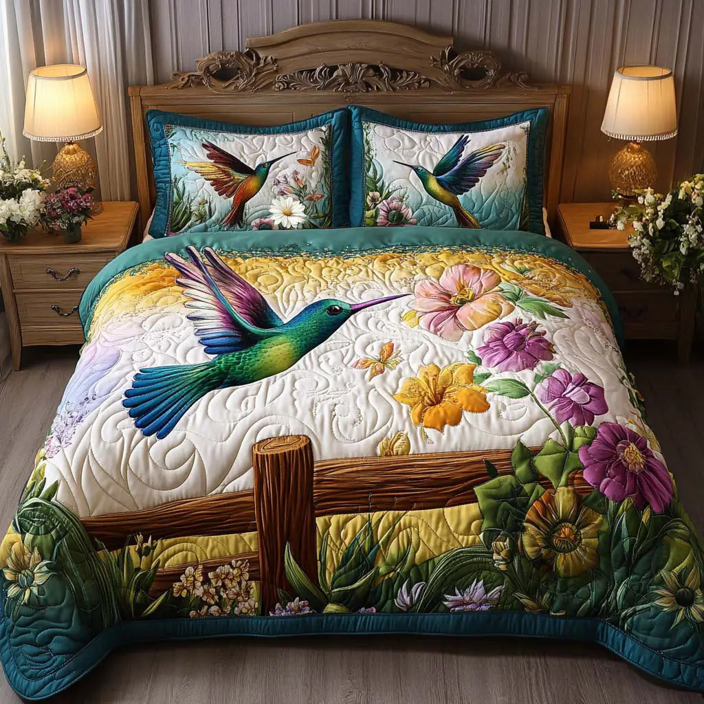 Hummingbird Quilted Bedding Set Bird Lover Bedroom Decor Boho Home Best Gift For Bird Lovers