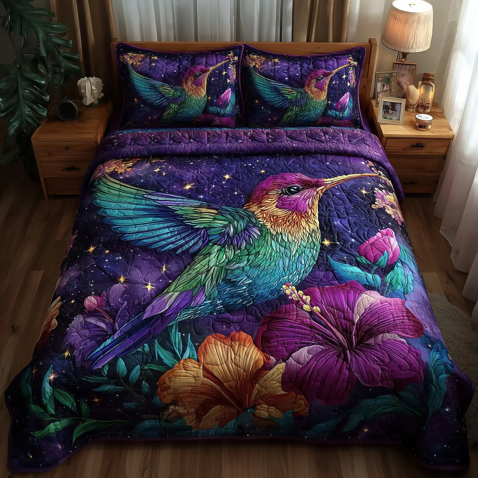 Hummingbird Quilted Bedding Set Floral Print