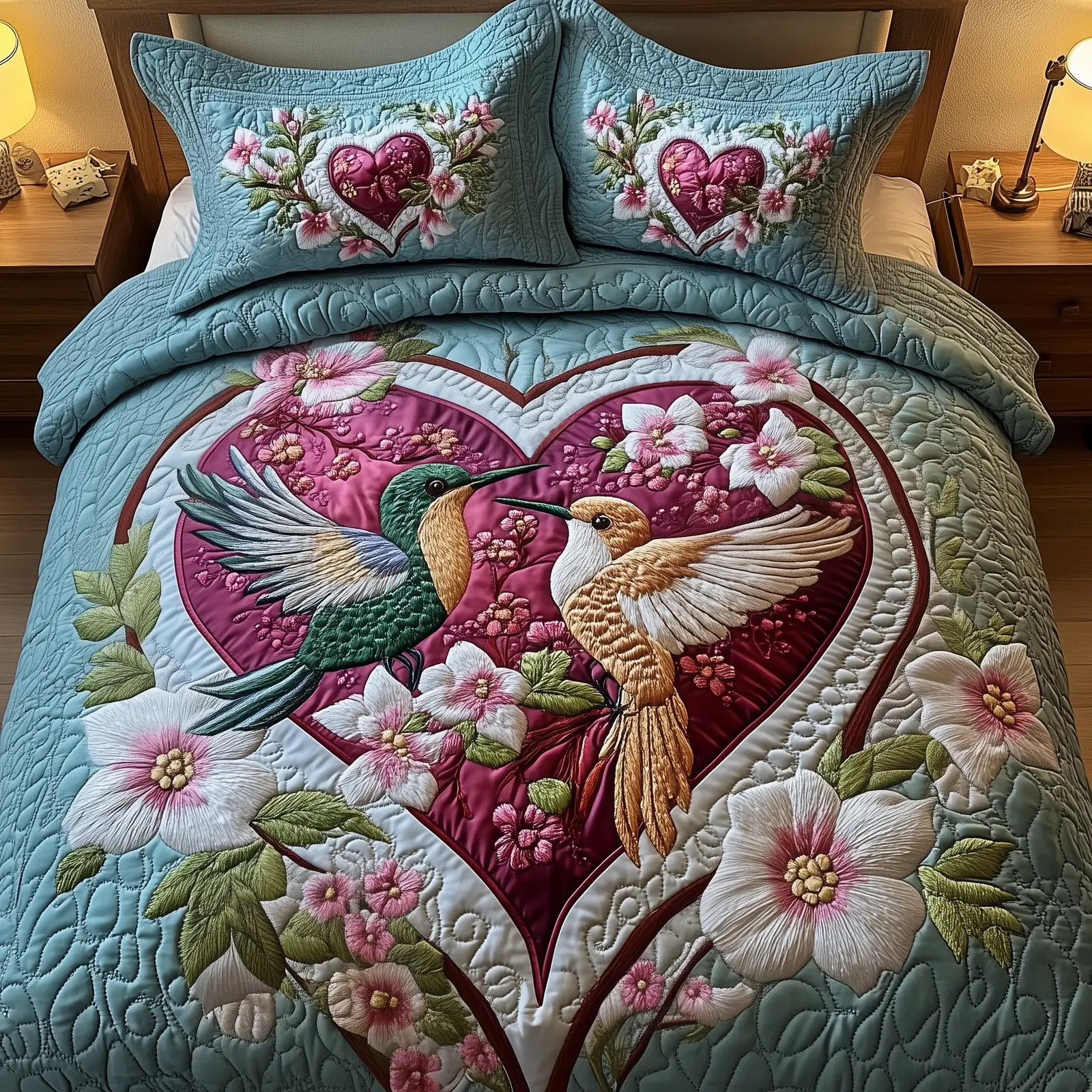 Hummingbird Quilted Bedding Set Valentine Day Bed Sheet Set Presents For Your Sister In Law