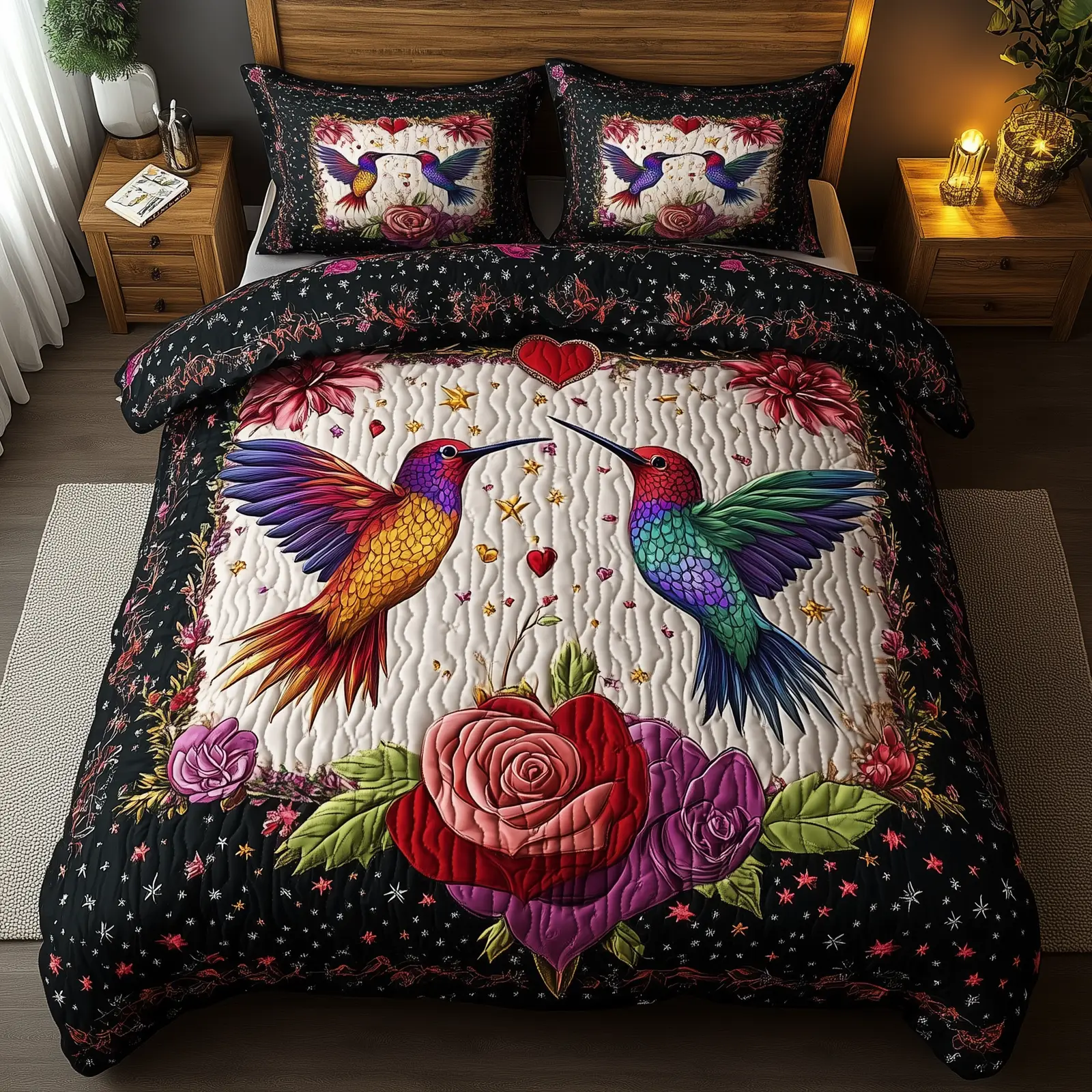 Hummingbird Rose Serenade Quilted Bedding Set Valentine Day Gifts For Nana