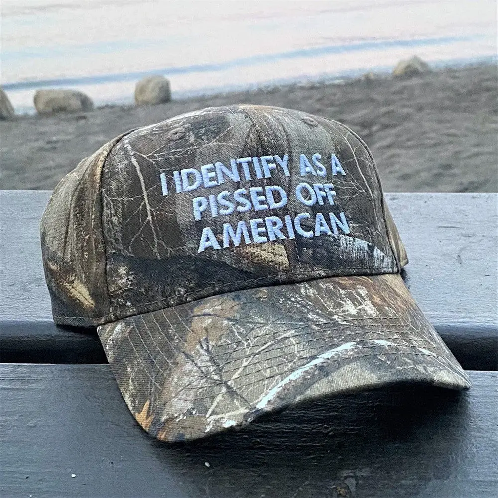 I Identify As A Pissed Off American Embroidered Camo Hat USA Patriotic Political Hat -WearandDecor
