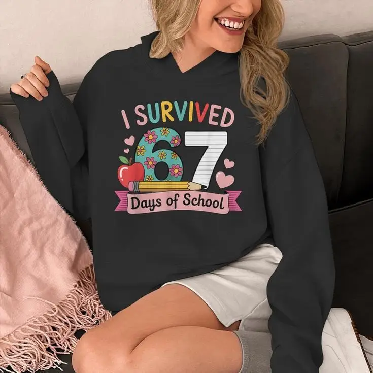 I Survived 67 School Days Hoodie Cute Apple Pencil Clothing Funny Teacher Student Gifts