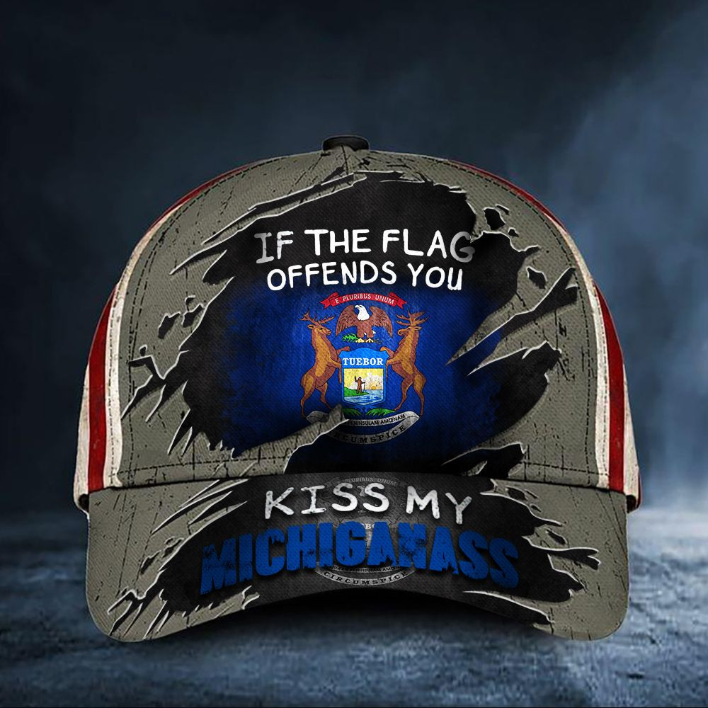 If The Flag Offends You Kiss My Michigass Cap USA Flag Hat Honor Michigan State Merch Gift