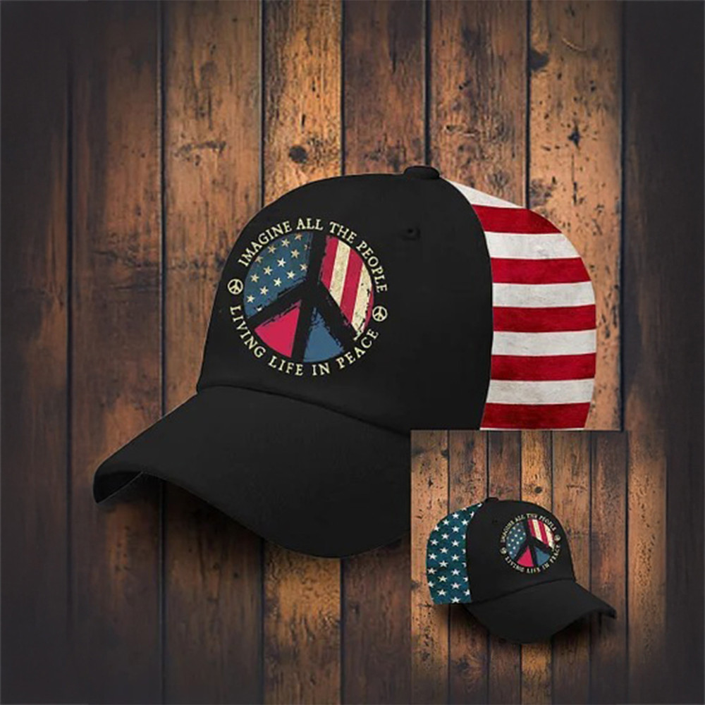 Imagine All The People Living Life In Peace American Flag Hat Hippie Style Baseball Cap Imagine All The People Living Life In Peace American Flag Hat Hippie Style Baseball Cap - Image 1