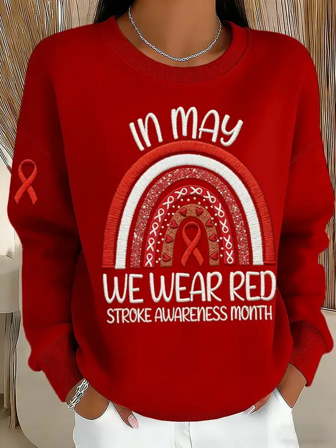 In May We Wear Red Stroke Awareness Month Sweatshirt Boho Rainbow Ribbon Awareness Gift For Supporters