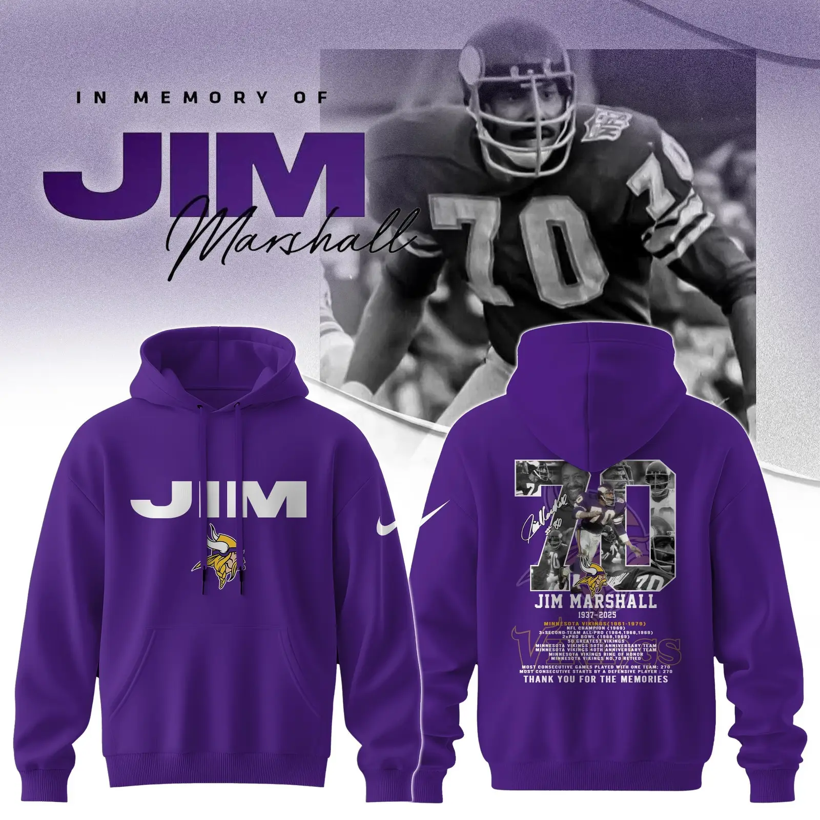 In Memory Of Jim Marshall Hoodie RIP Legend 70 Minnesota Vikings Thank You For Memories