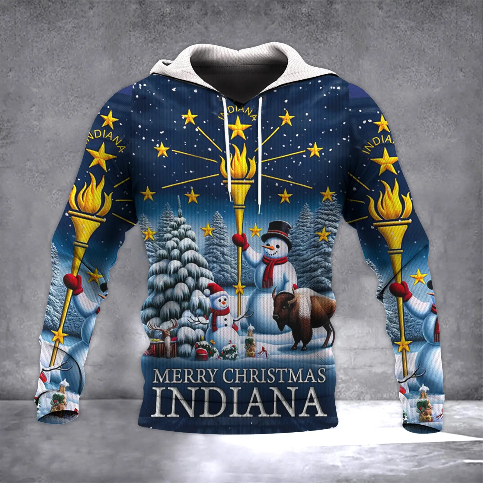 Indiana Christmas Hoodie Snowman With Gold Torch Merry Christmas Clothing Indiana Merch