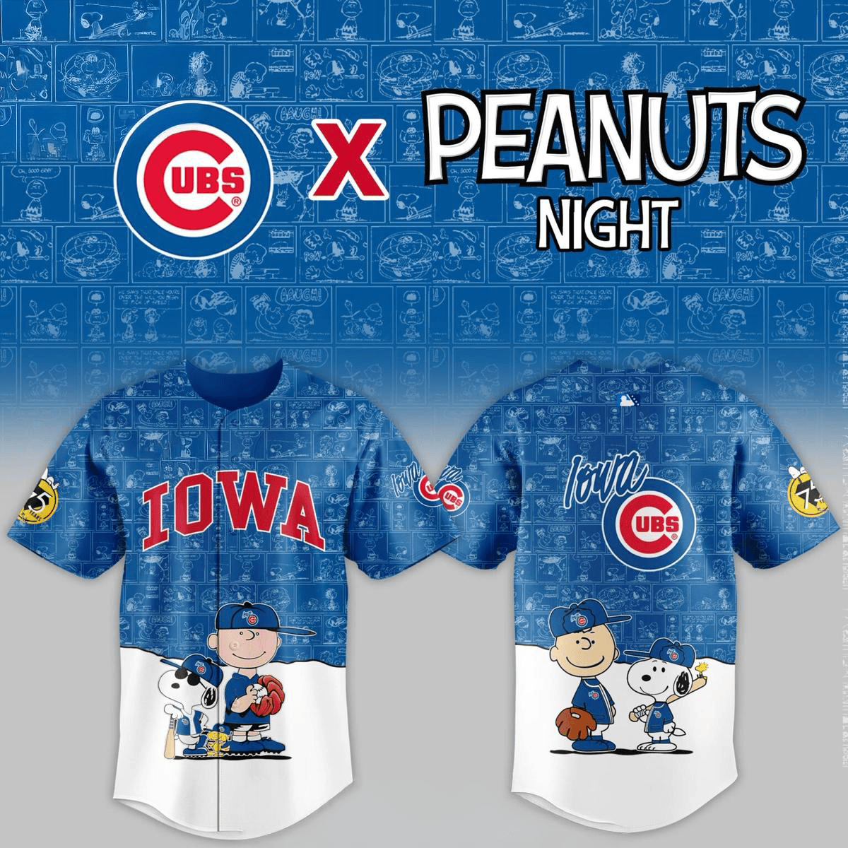 Iowa Cubs Peanuts Night 2026 Minor League Game Baseball Jersey Iowa Cubs Merch Fan Gifts