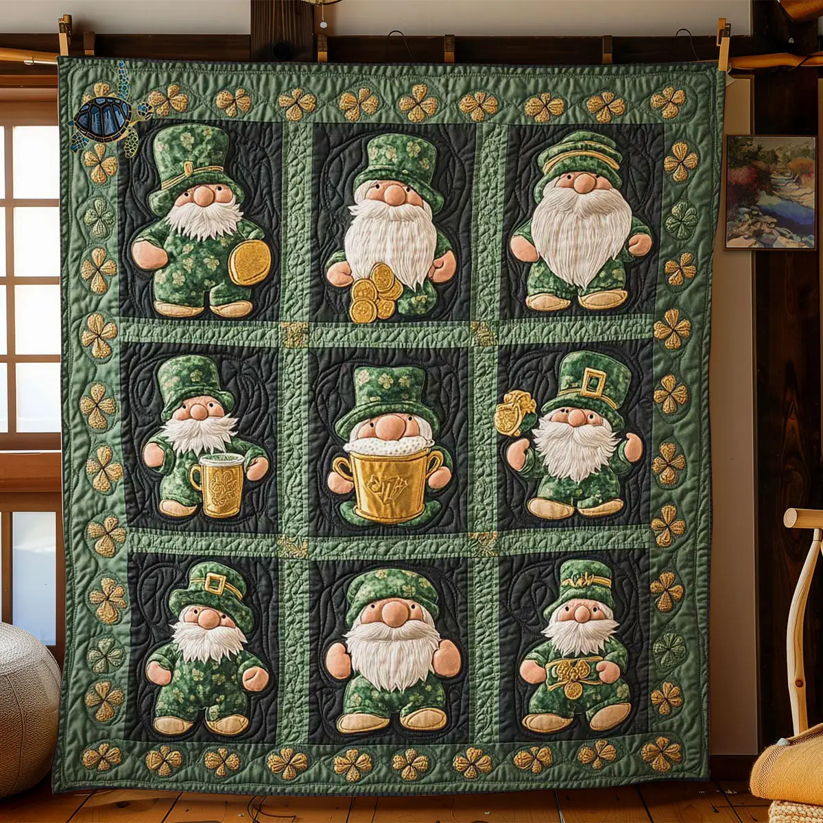 Irish Gnome Charm Quilted Blanket Room Decor Ideas St Patrick's Day Gift For Gnome Lovers