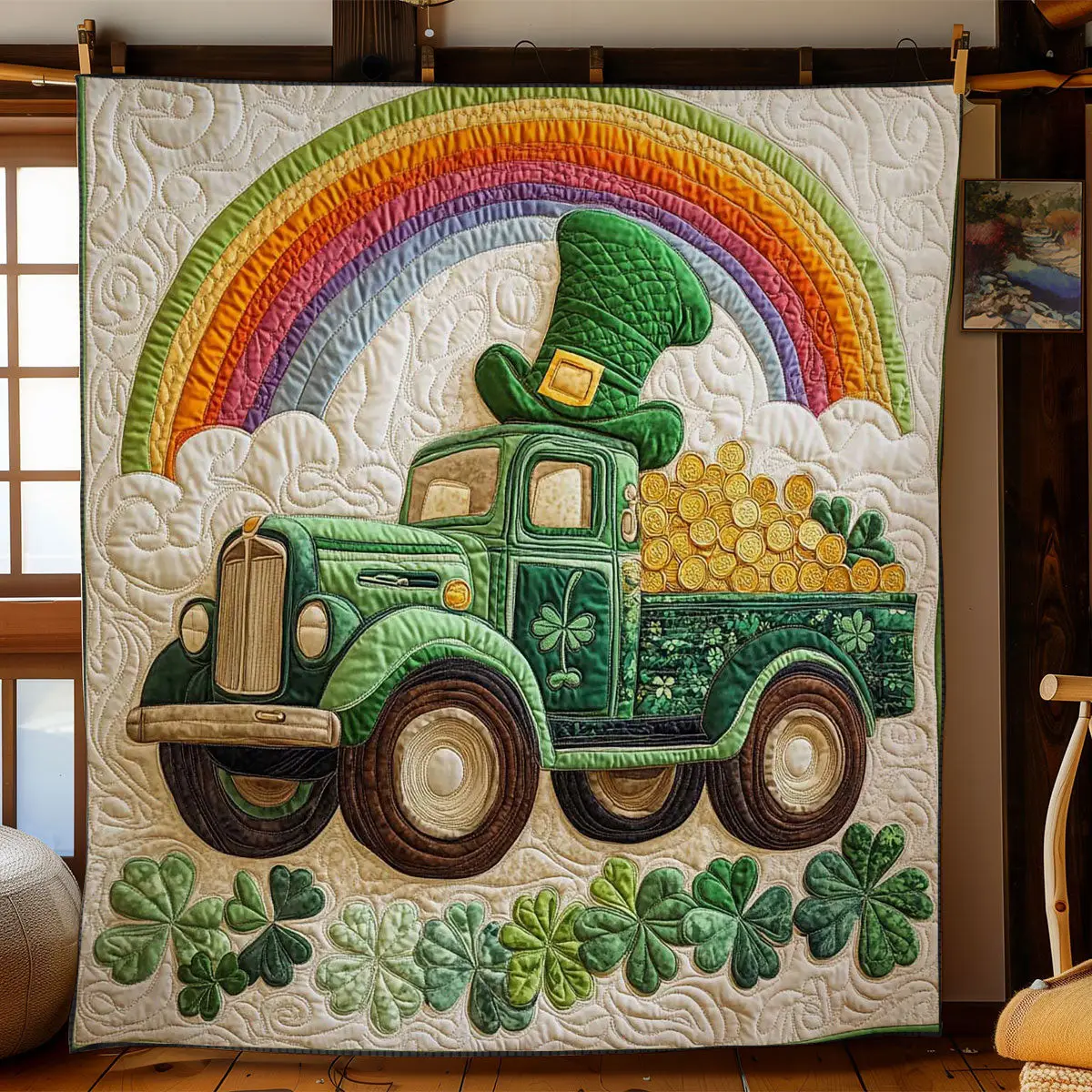 Irish Green Truck Quilted Blanket Happy St Patrick's Day Unique Home Decor