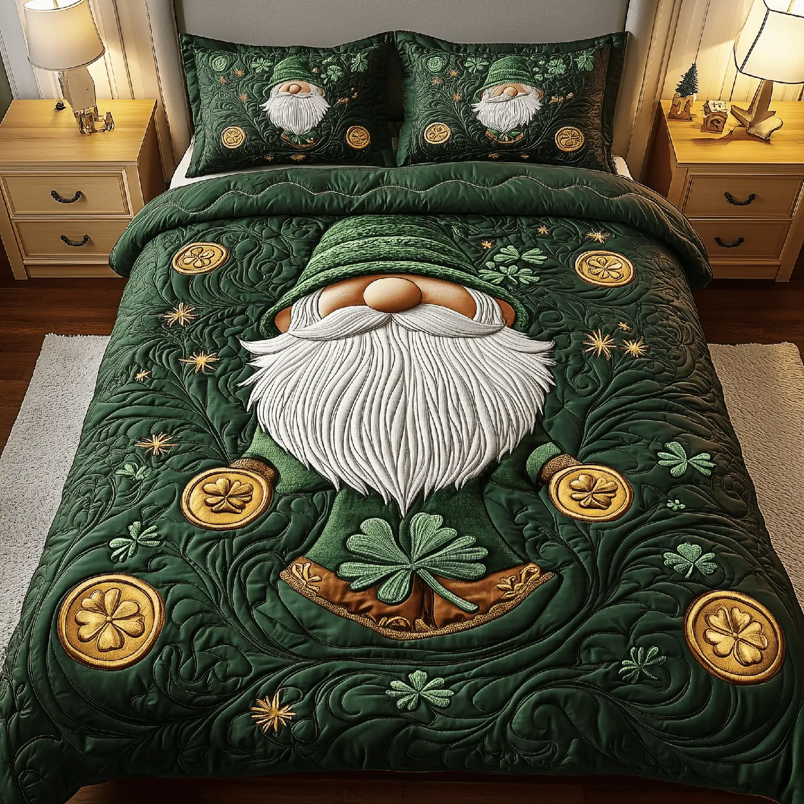 Irish Luck Gnome Quilted Bedding Set Fun St Patrick'S Day Gifts