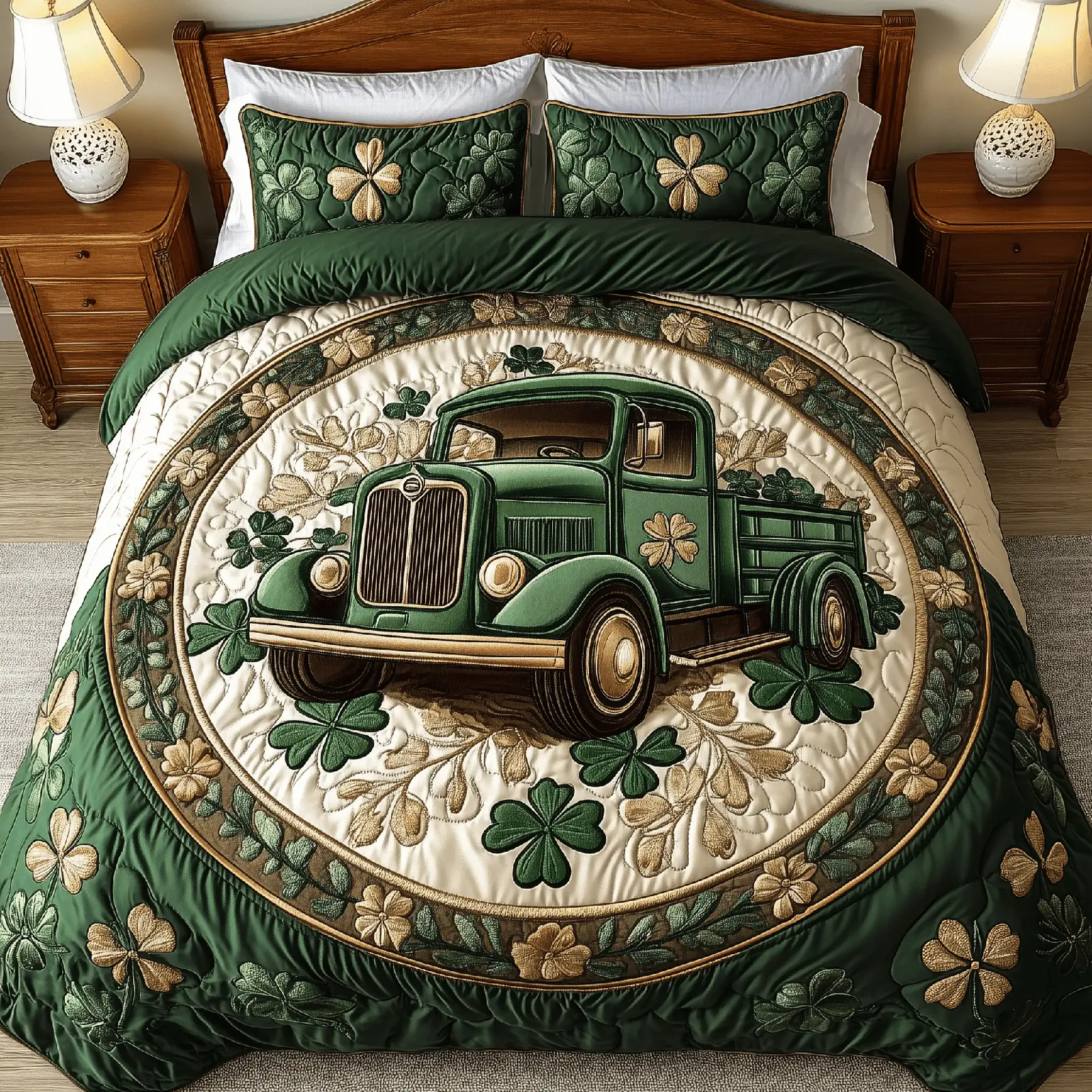 Irish Luck Truck Quilted Bedding Set St Patricks Day Gift Idea